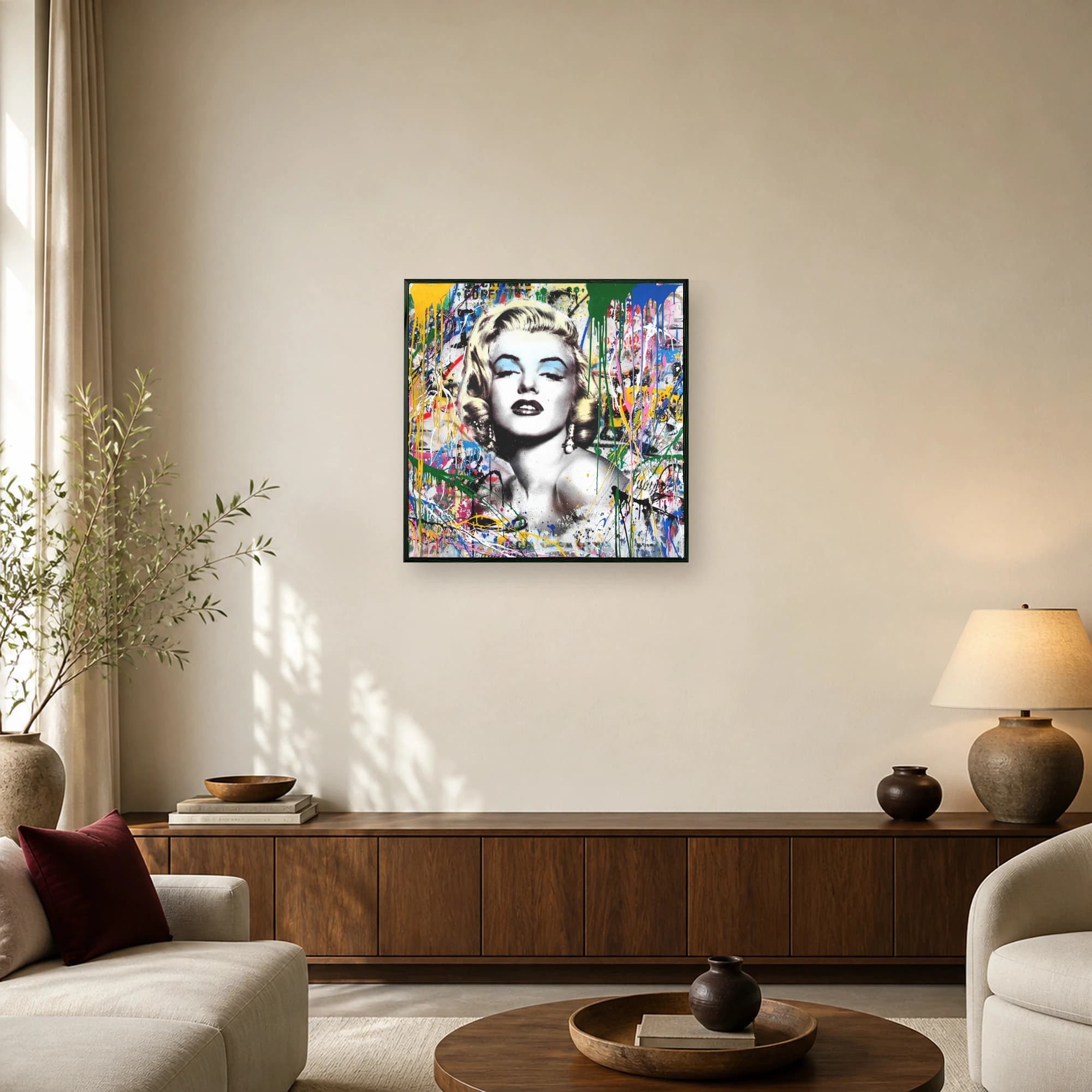 Pop art canvas print of Marilyn Monroe in halftone black and white with vibrant dripping neon paint and graffiti background.