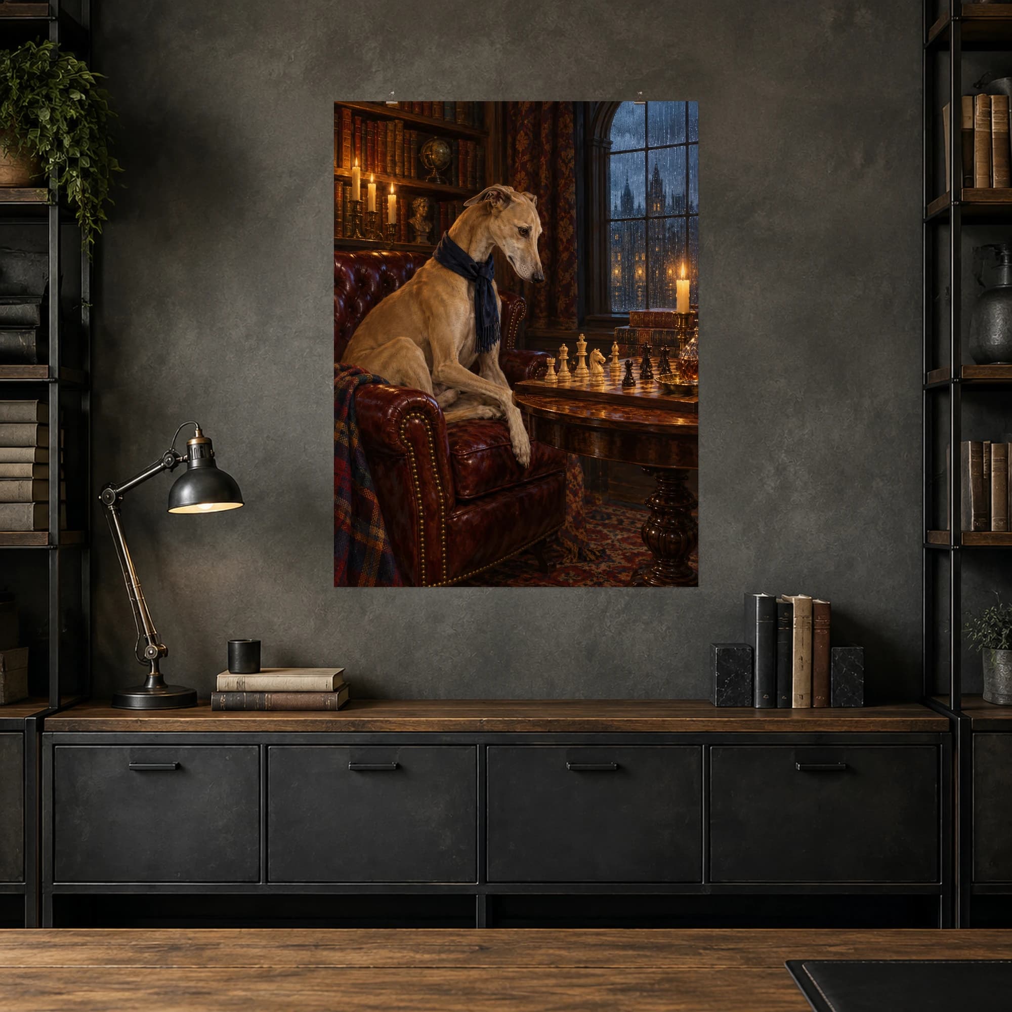 A thoughtful greyhound studies a chessboard from a leather armchair in a candlelit library.