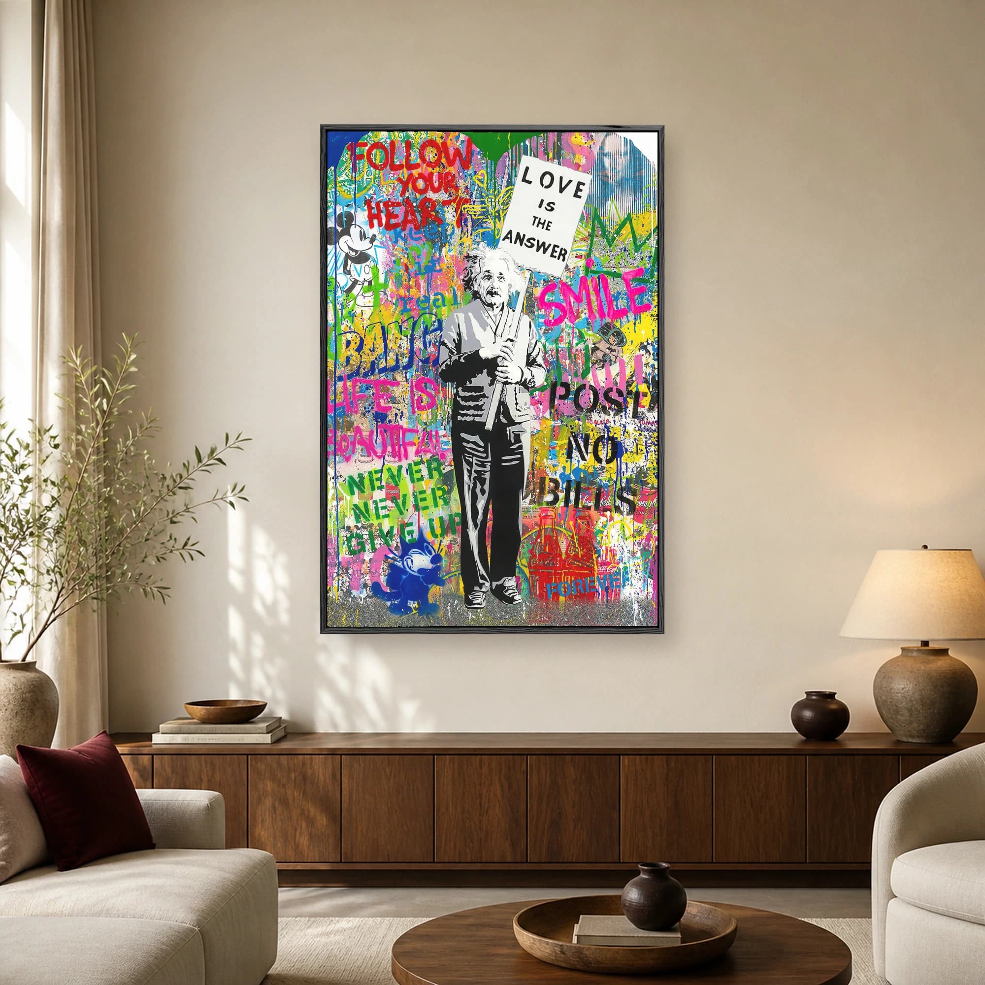 Pop art street graffiti canvas featuring a stencil of Albert Einstein holding a sign that says Love Is The Answer amidst colorful paint splatters and pop culture icons.