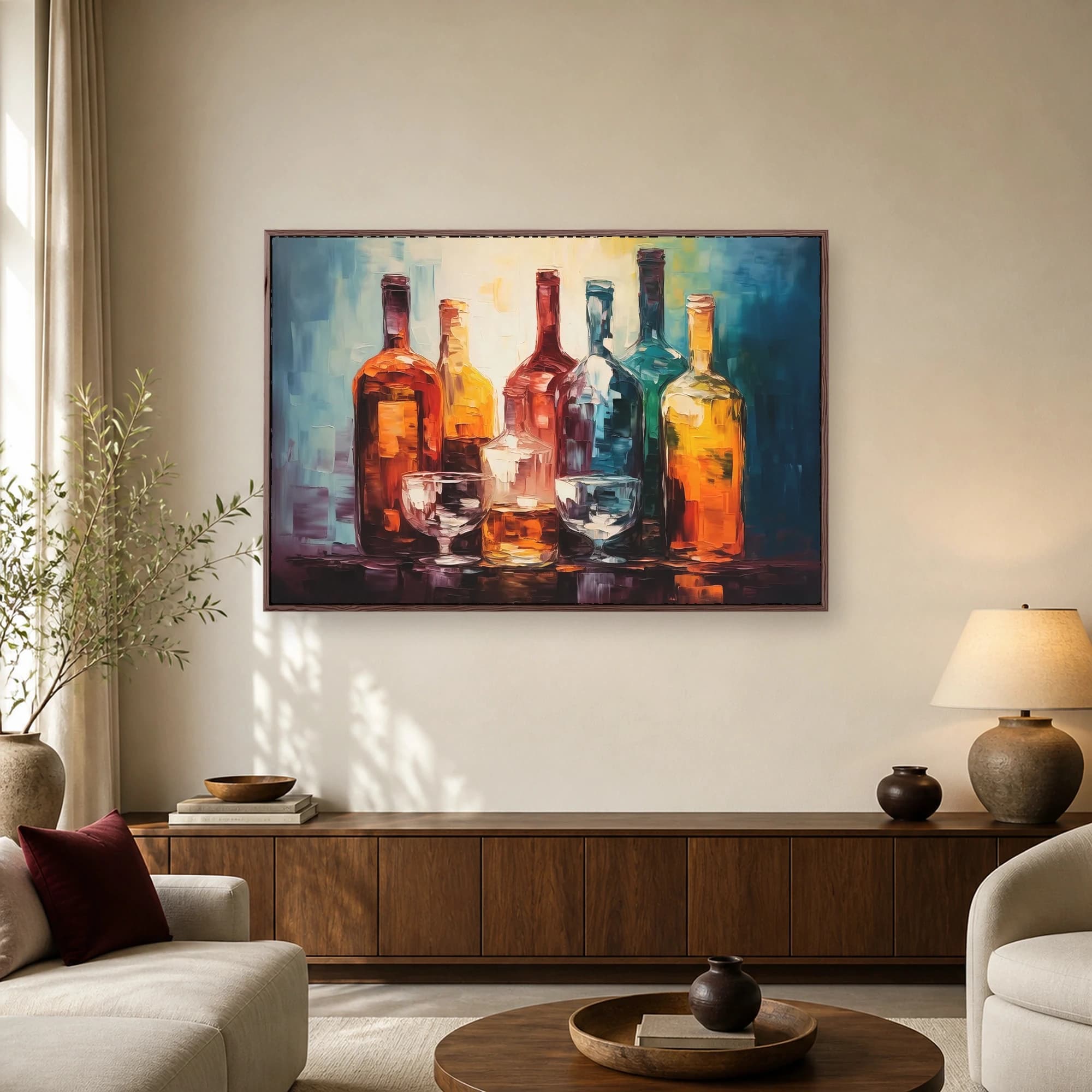 Luminous Glass Bottles Modern Impasto Canvas Art Print, view 2