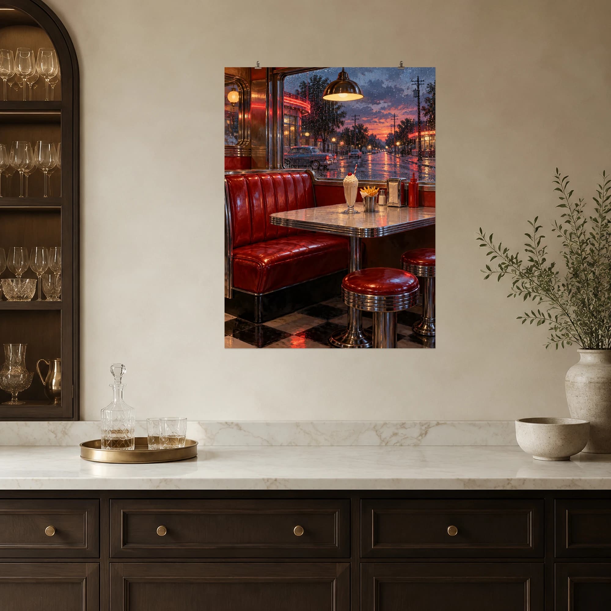A cherry-red diner booth overlooks a rainy street at dusk, with a milkshake waiting on the table.