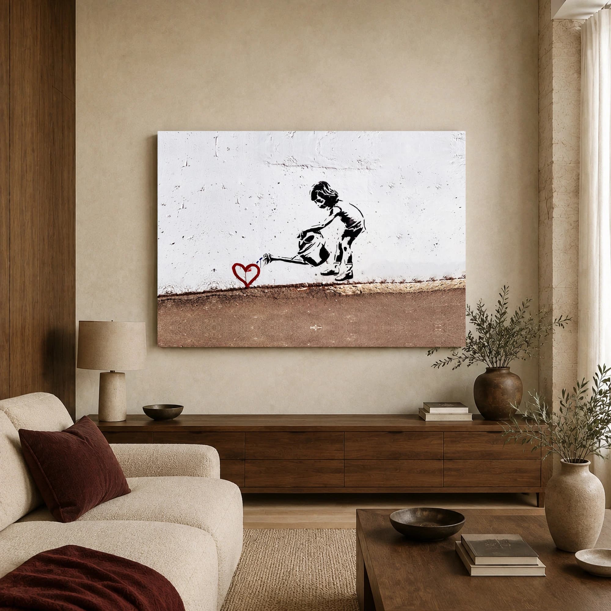 Girl Watering Heart Street Art Canvas Print, view 2