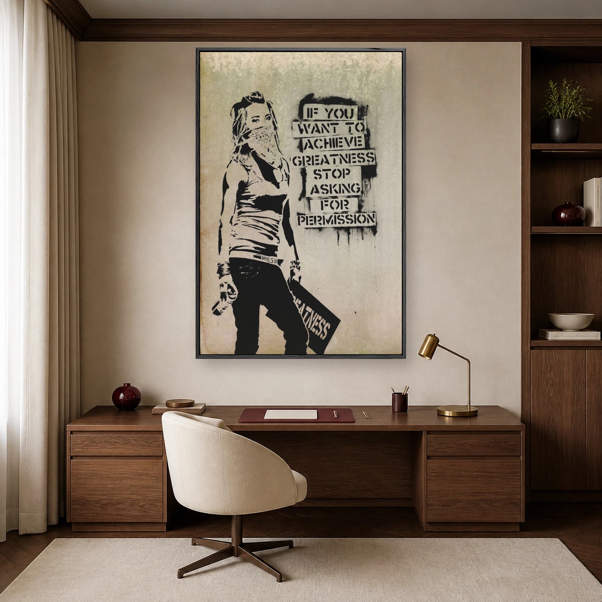 Stencil street art print of a woman in a bandana mask next to bold black typography reading if you want to achieve greatness stop asking for permission