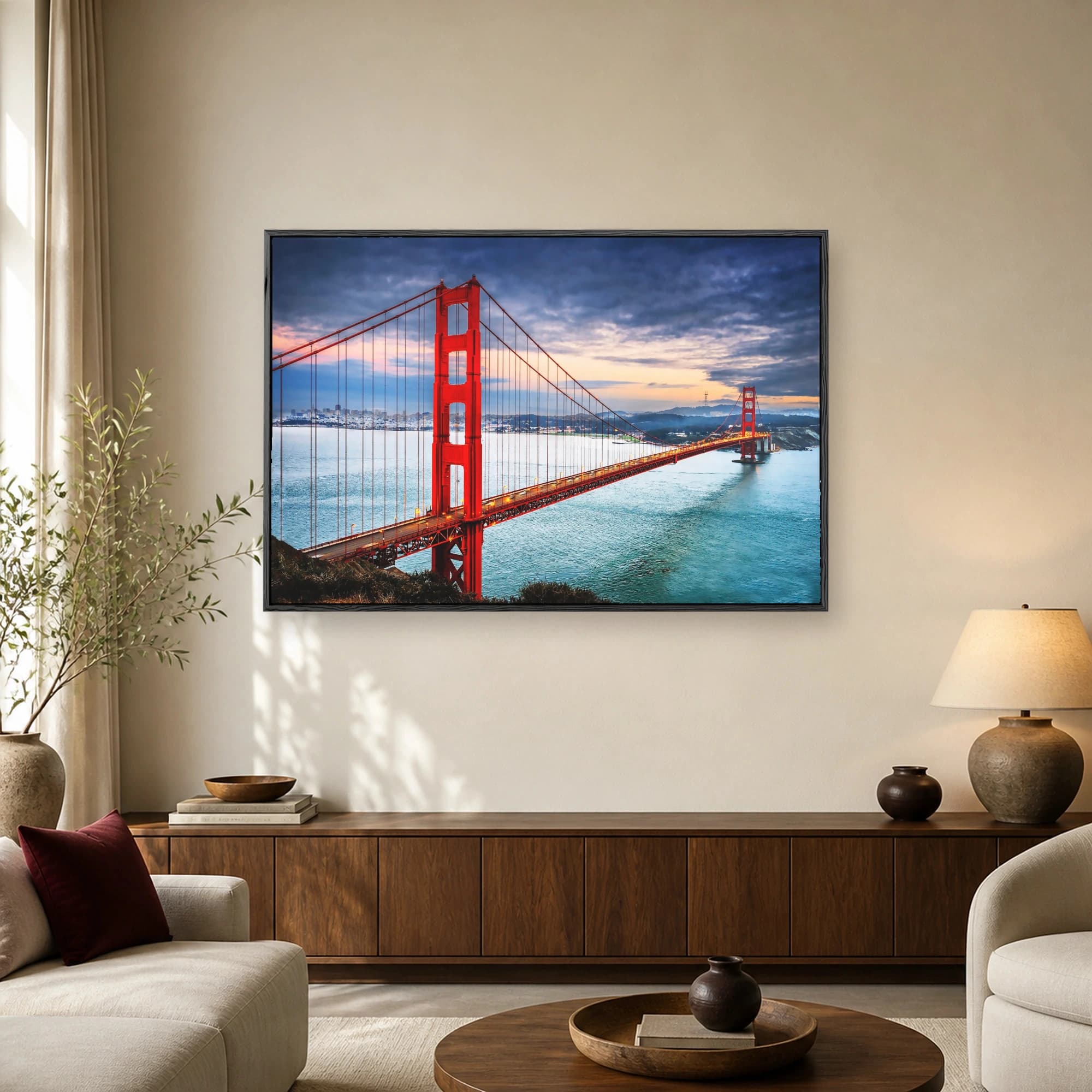 A scenic photograph of the illuminated Golden Gate Bridge in San Francisco spanning the water under a dramatic twilight sky.