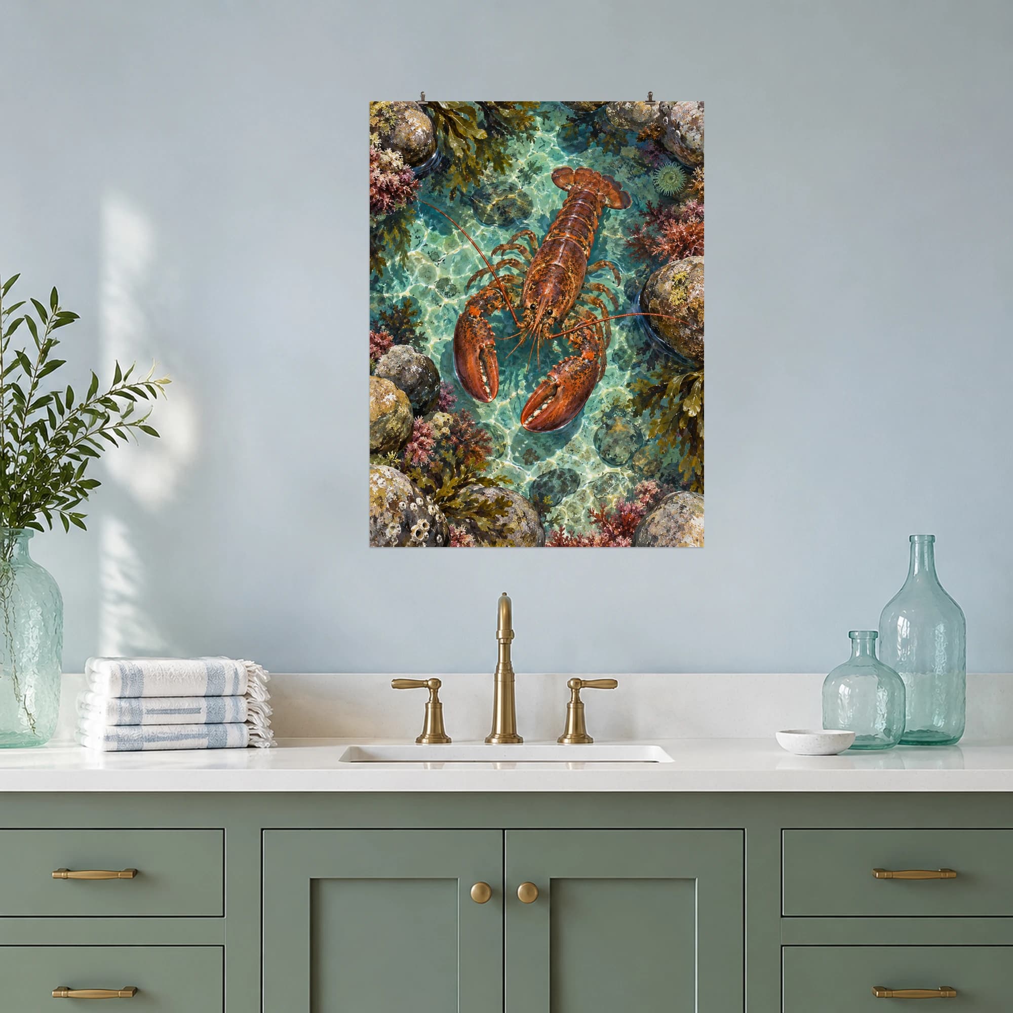 A lobster moves through clear turquoise water between sunlit coastal rocks.
