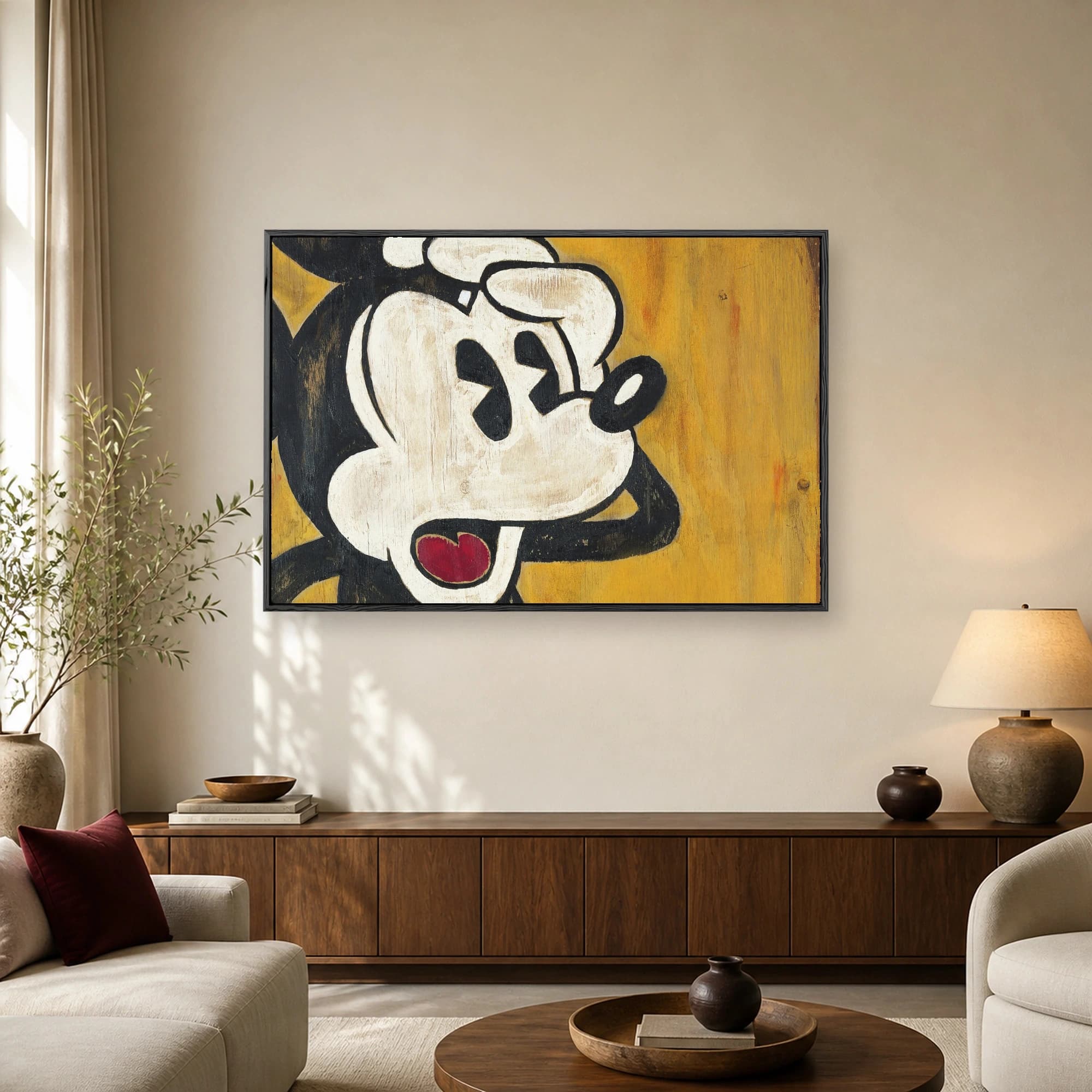 Close-up painting of classic Mickey Mouse on distressed yellow wood background with black and white tones and a red mouth