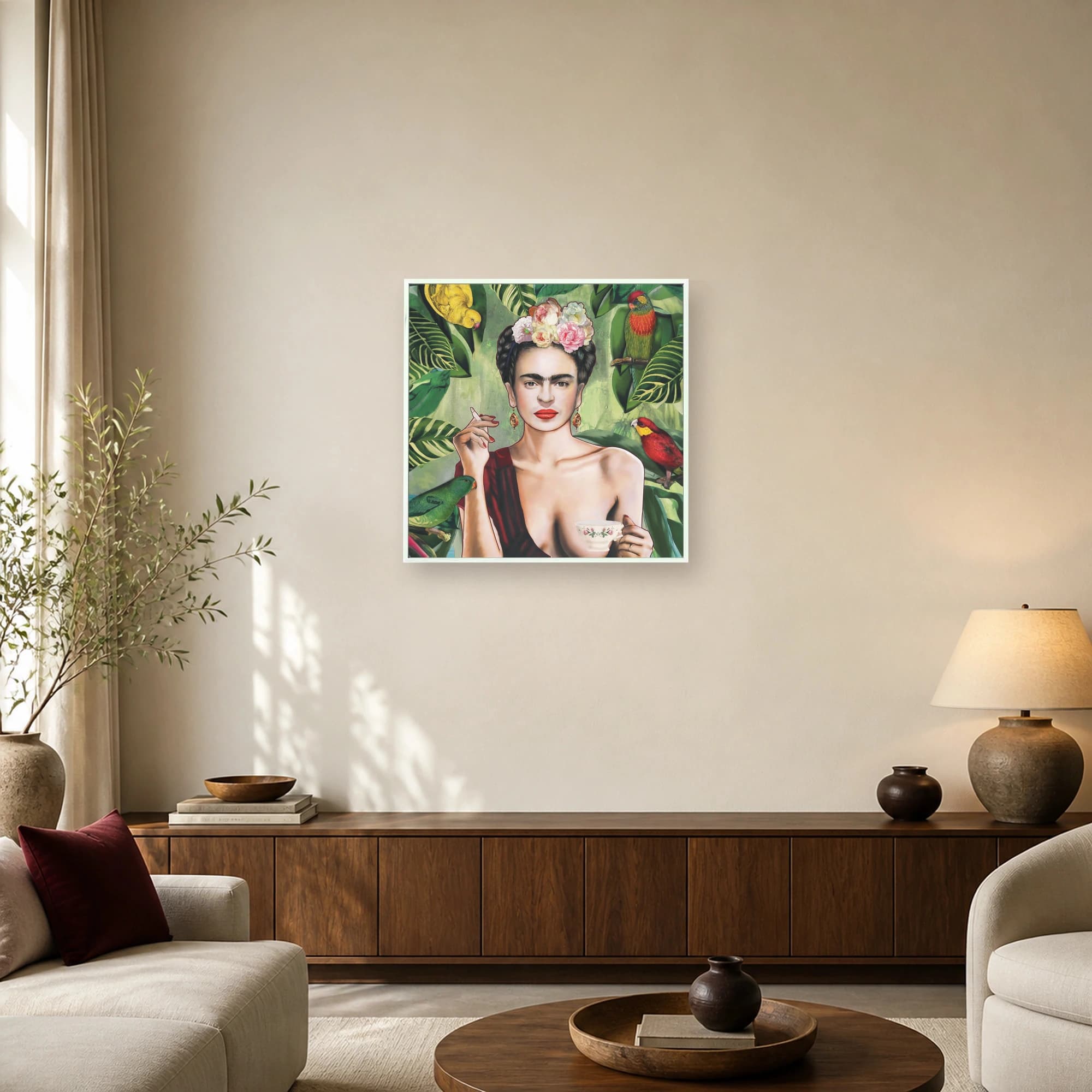 Frida Kahlo Tropical Portrait Canvas Print with Exotic Birds, view 4