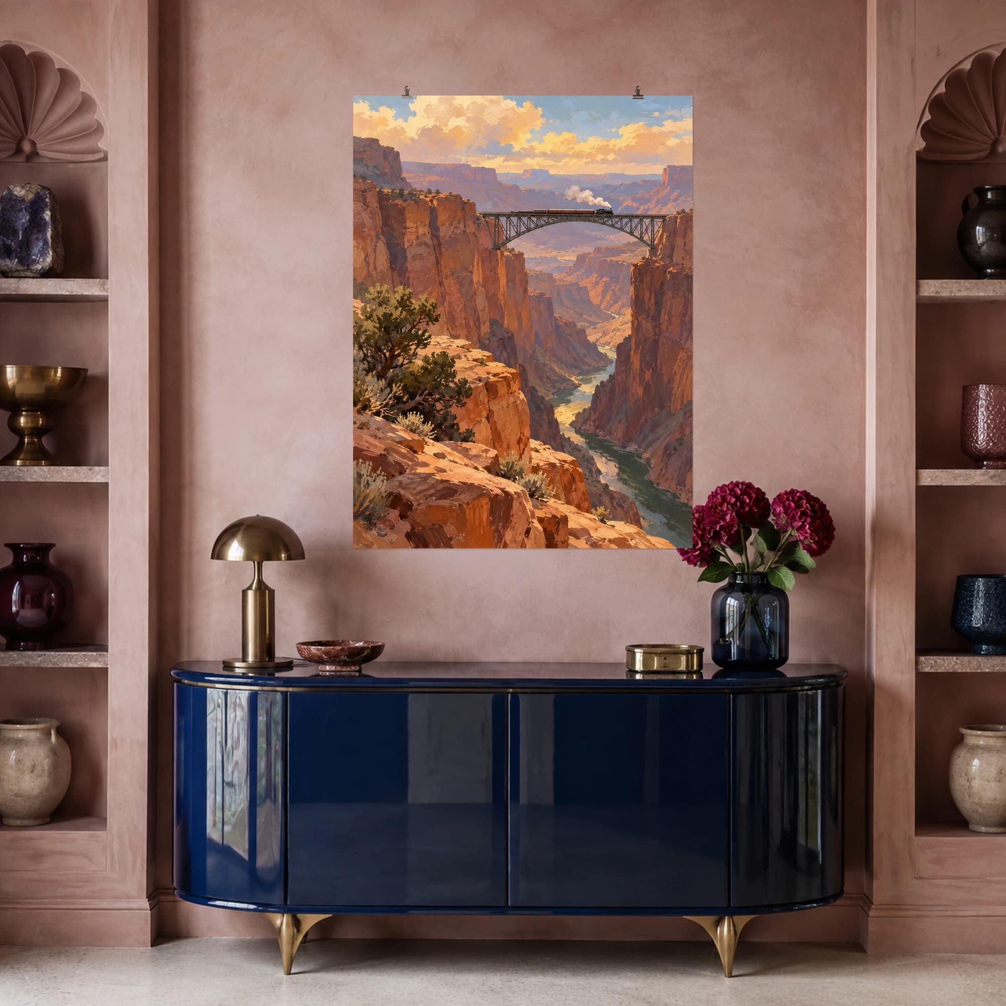 This gouache-style composition features a small vintage train crossing a distant bridge above a vast copper colored canyon. Expressive brushwork and carefully balanced color bring a distinctive focal point to your wall.