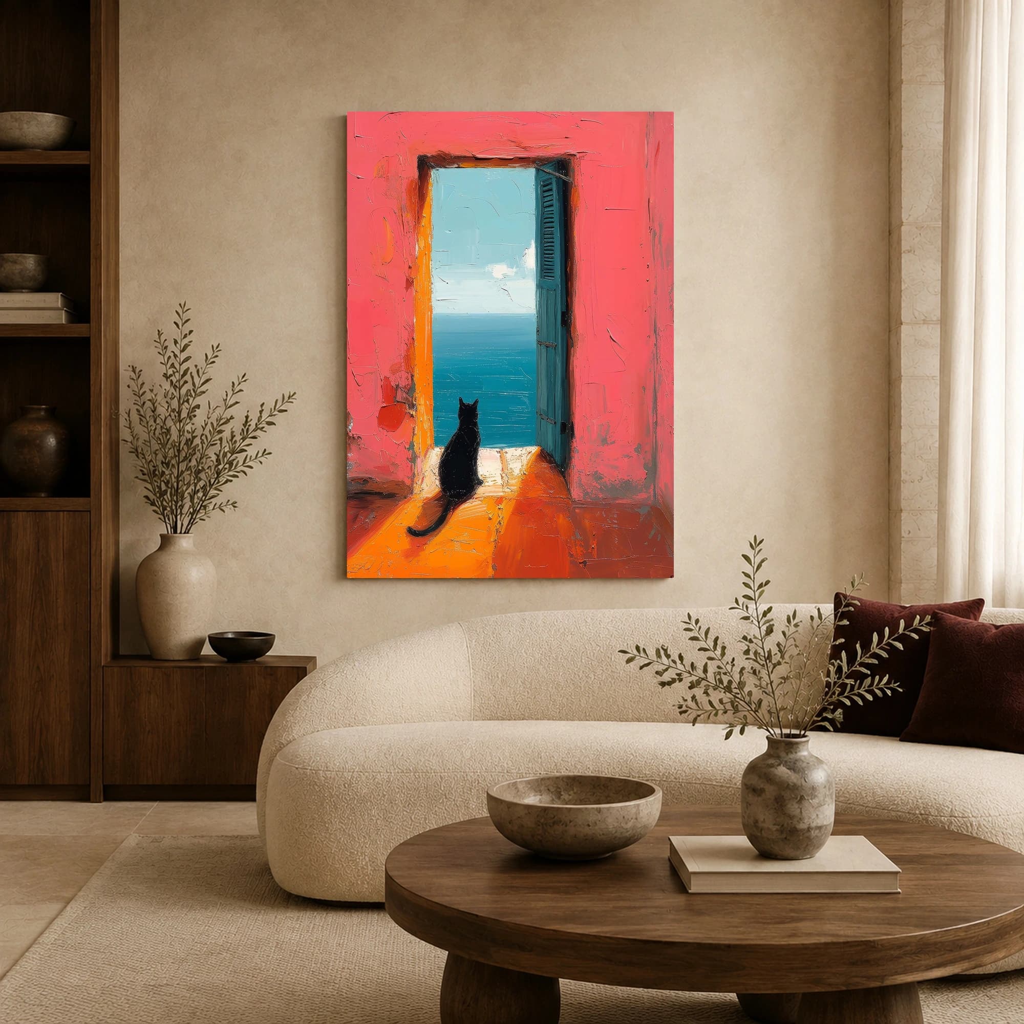 Black Cat Looking Out Ocean Door Canvas Print, view 6