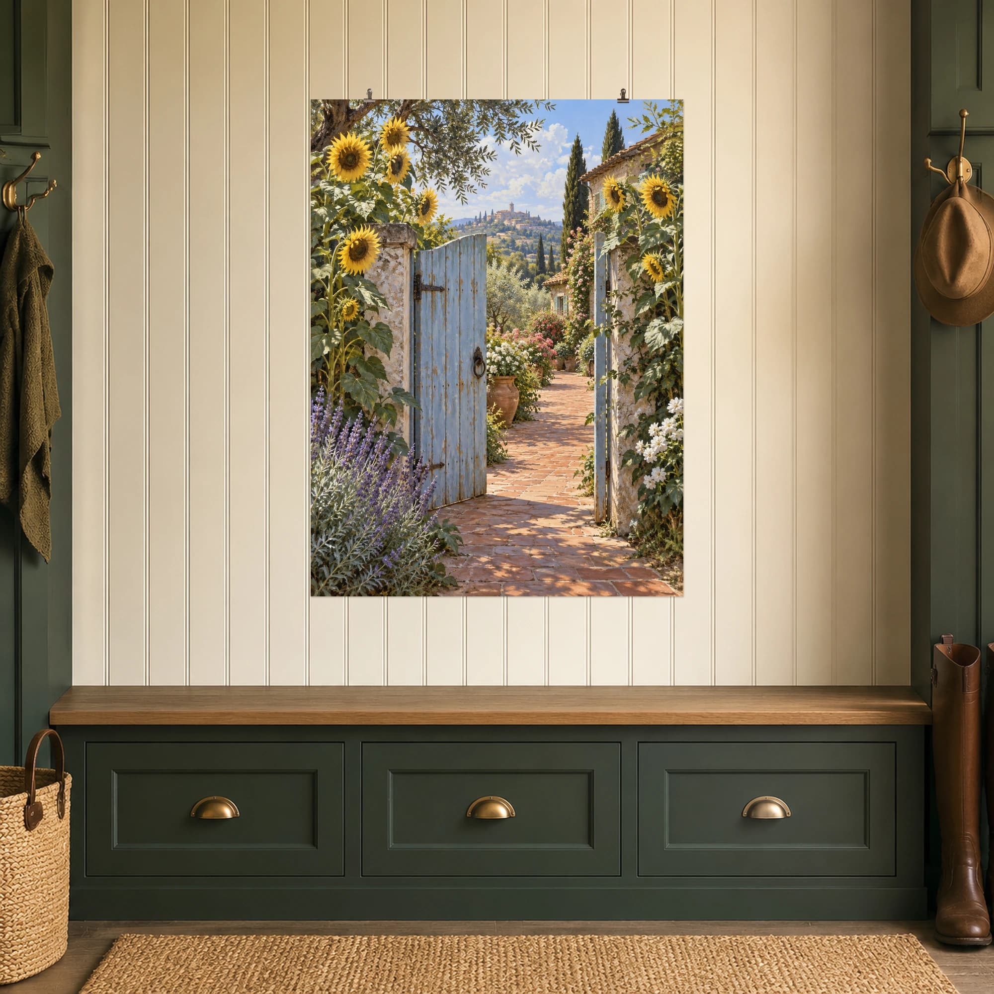 Sunflowers rise beside a weathered blue garden gate. A sunlit path draws the eye into the garden beyond.