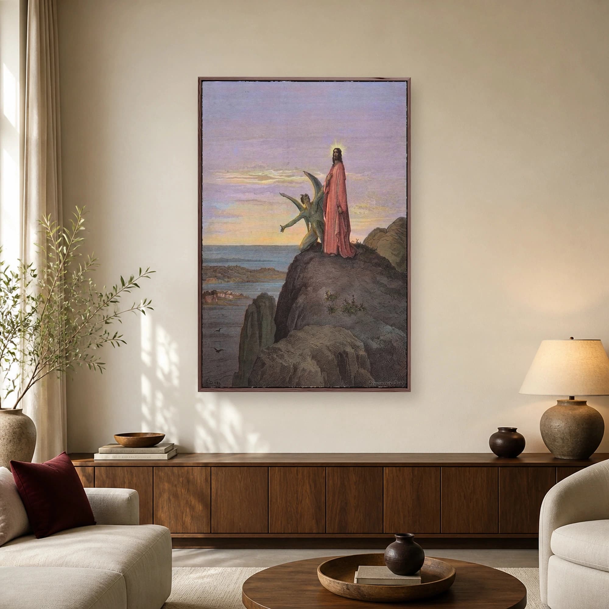 Vintage engraving by Gustave Dore depicting Jesus standing on a mountain peak in a pink robe while a winged demon gestures toward a city below at twilight.