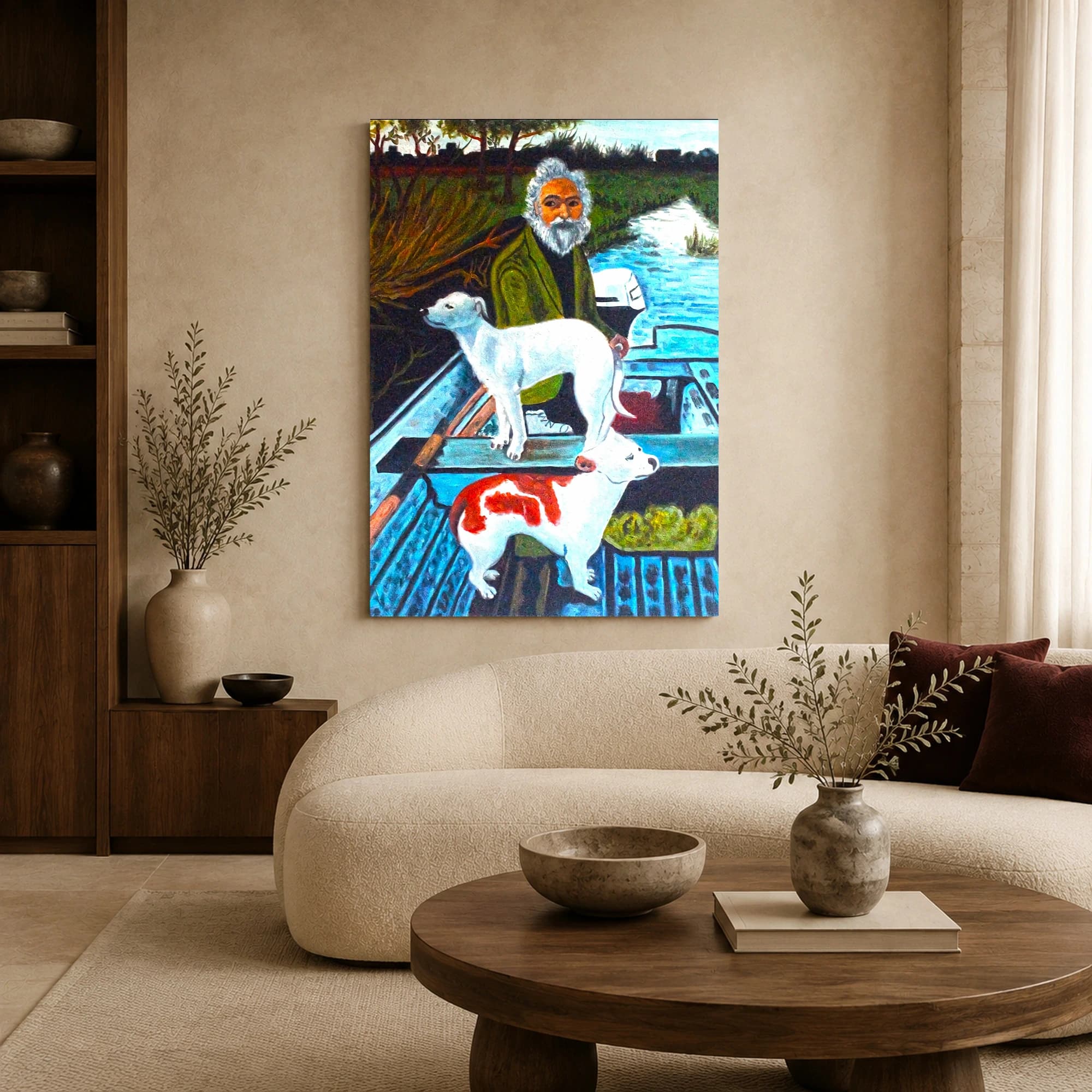 Man and Dogs on a Blue Boat Folk Art Canvas Print, view 5