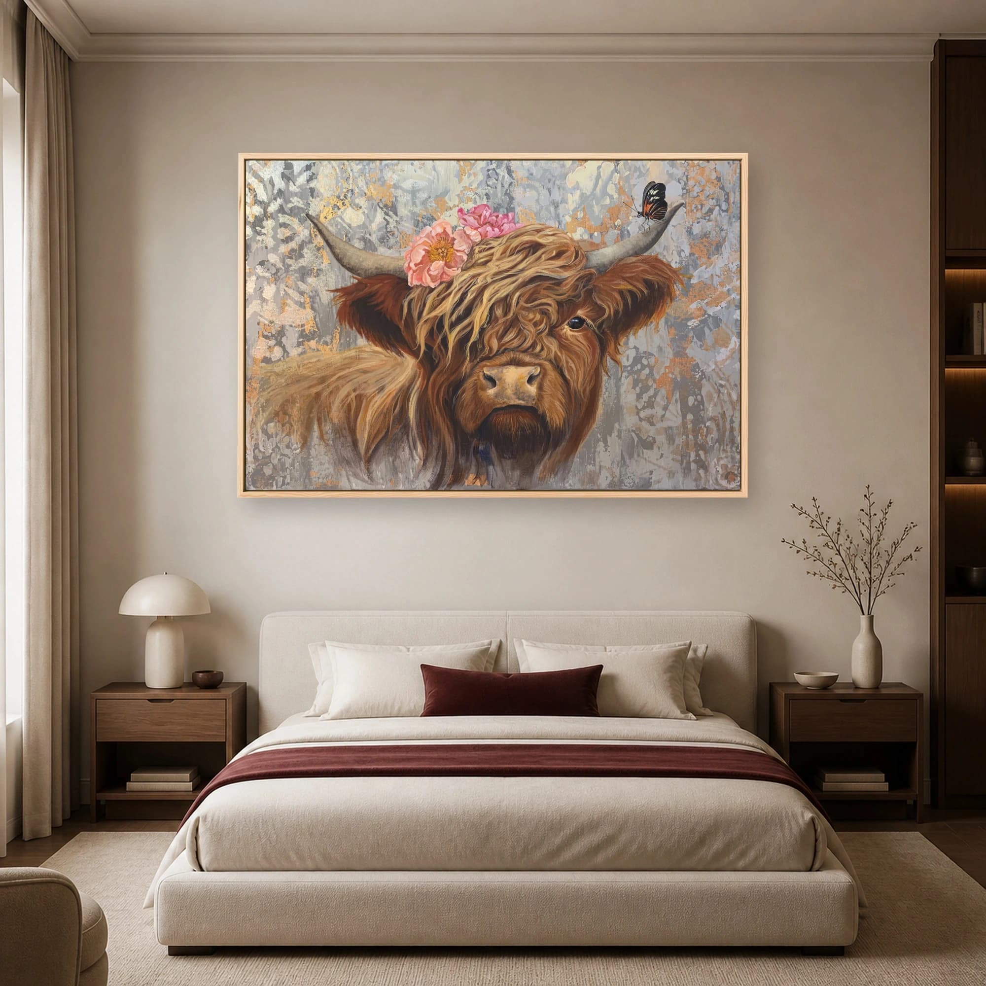 Highland Cow Canvas Print with Pink Peonies, view 4