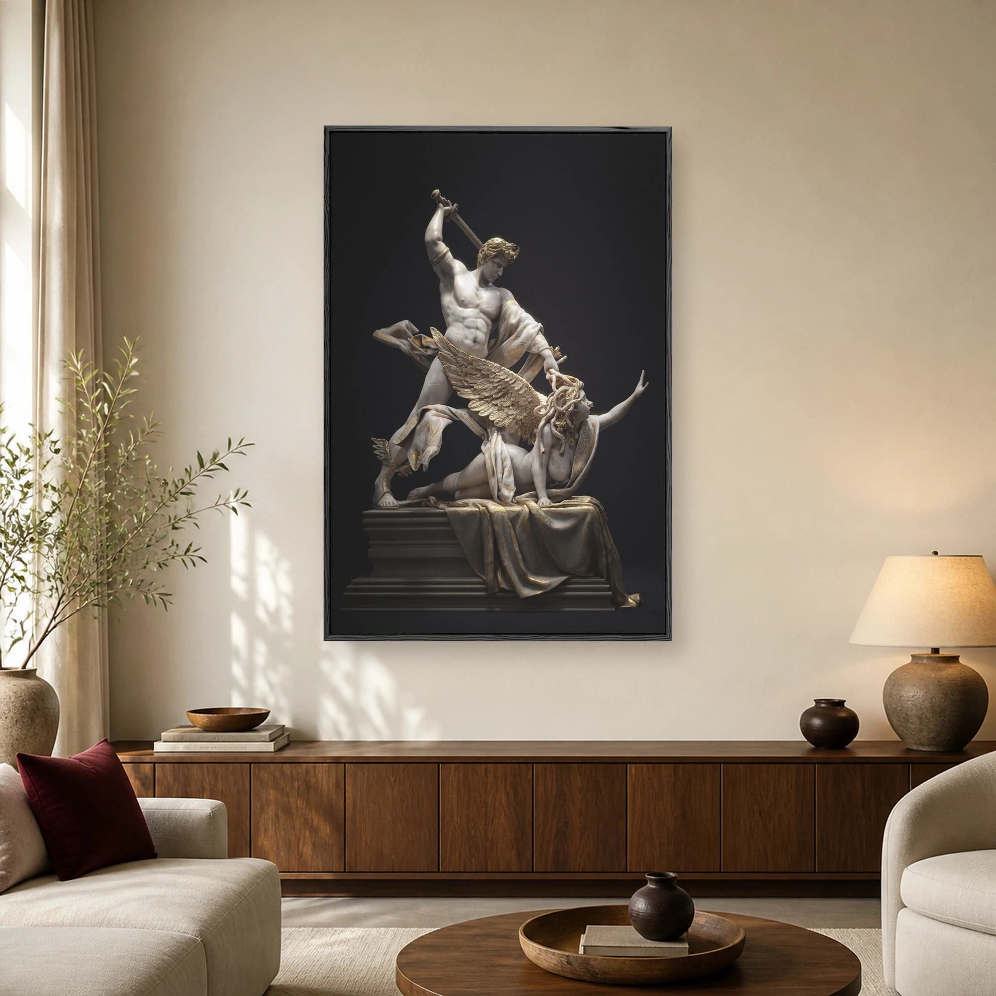 Detailed fine art photography of a classical marble and gold sculpture showing Perseus standing triumphantly over winged Medusa holding a sword.