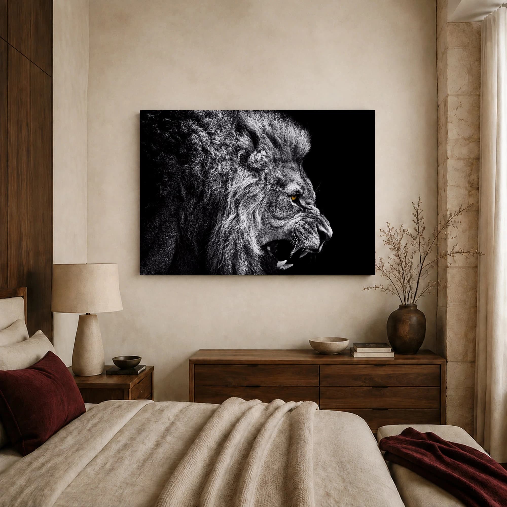 Fierce Lion Snarling Monochrome Wildlife Wall Art, view 5