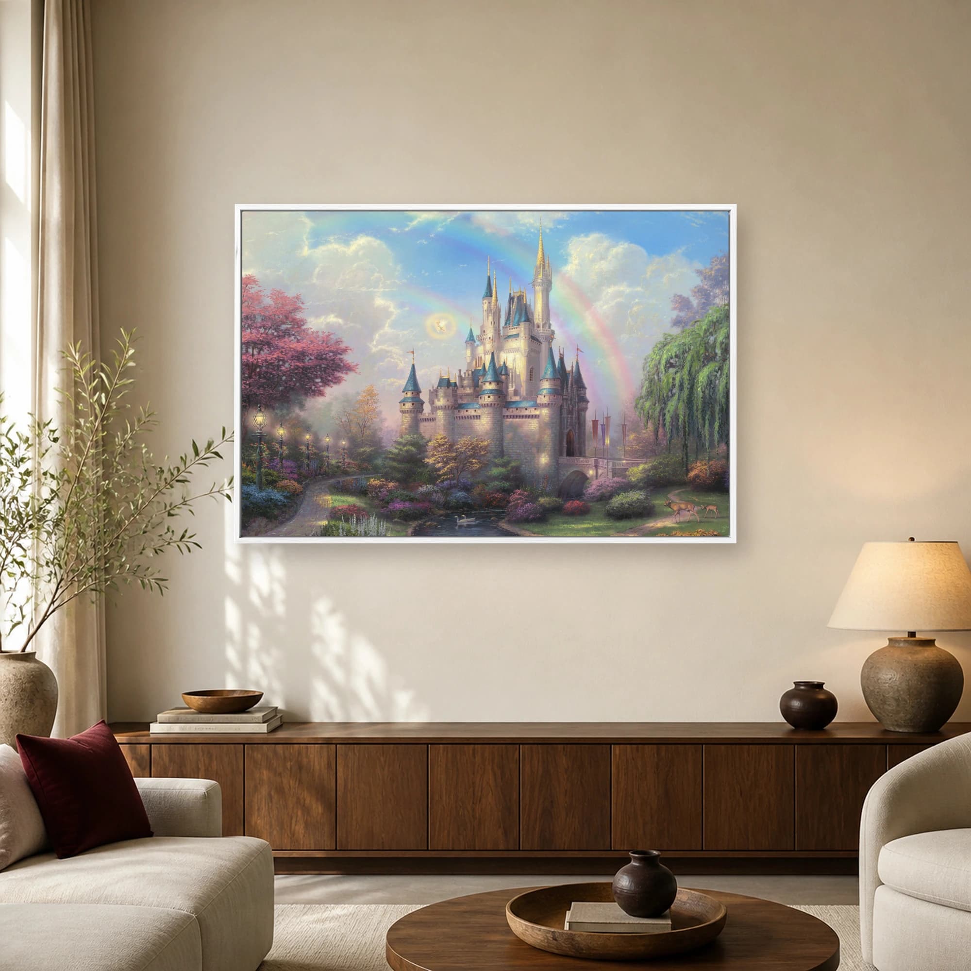 Fairytale Castle Landscape with Double Rainbow Canvas Print, view 2