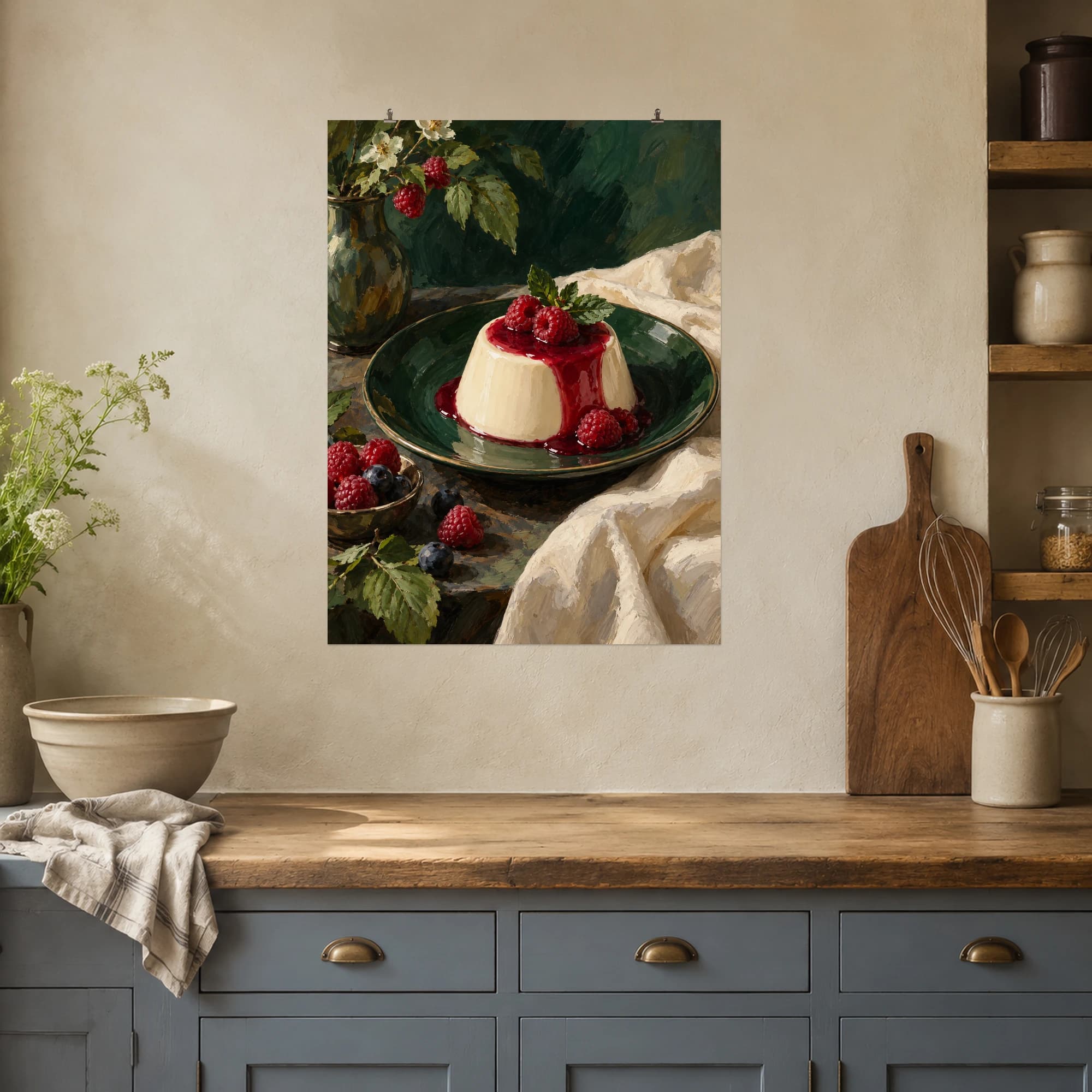 This gouache-style composition features vanilla panna cotta with raspberry sauce on a dark green plate beside small berries and ivory cloth. Expressive brushwork and carefully balanced color bring a distinctive focal point to your wall.