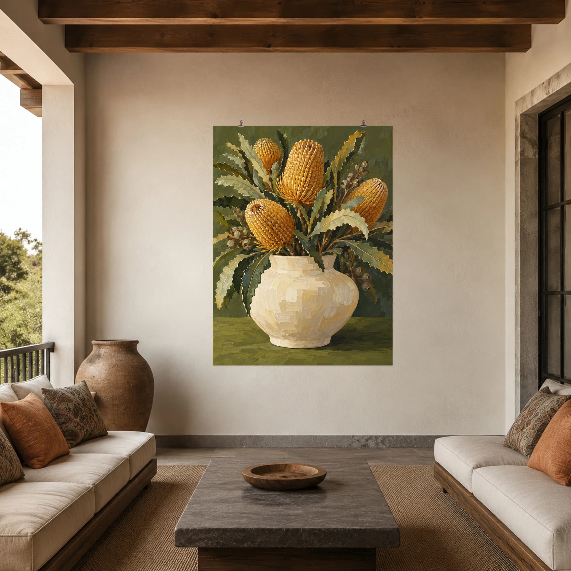 This gouache-style composition features golden banksia flower cones and serrated leaves in a wide cream vase on an olive green table. Expressive brushwork and a balanced palette bring warmth and character to your space.
