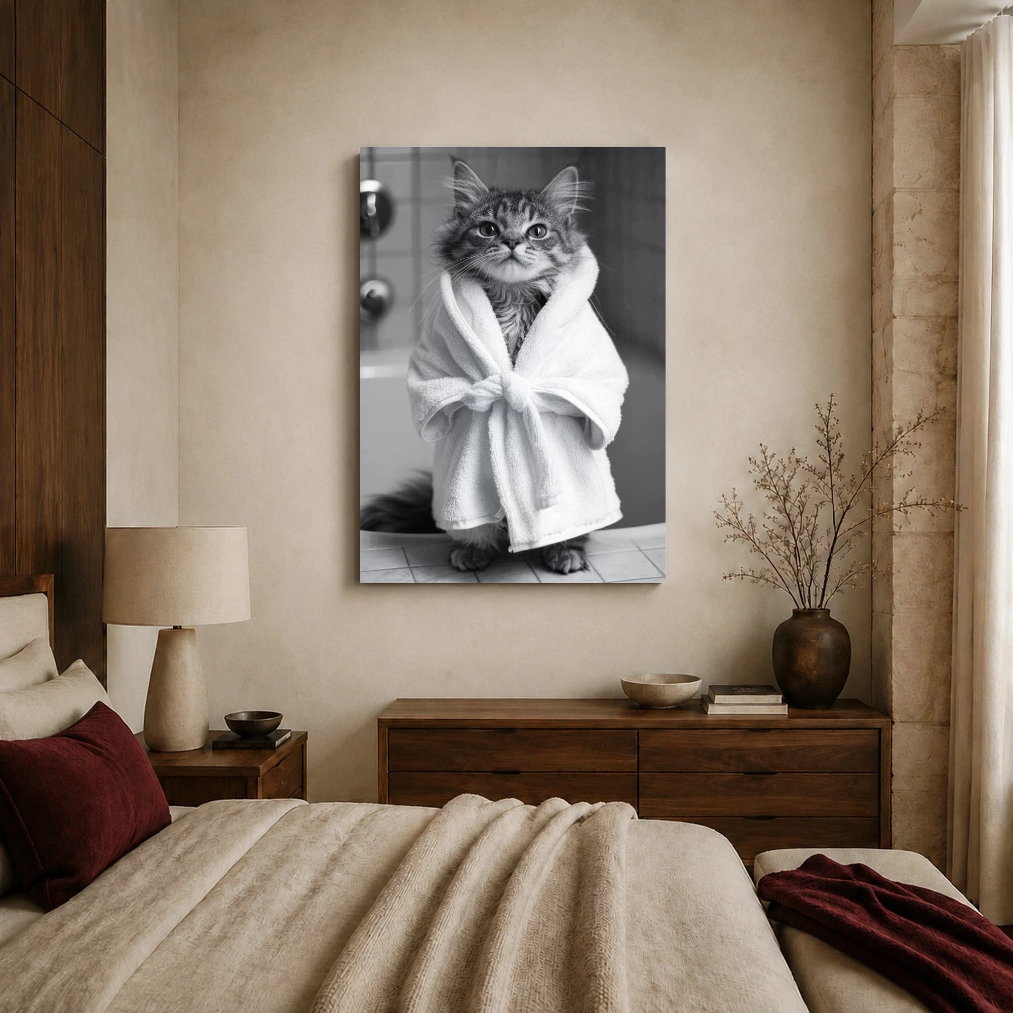 Spa Cat in White Bathrobe Black and White Wall Art, view 7