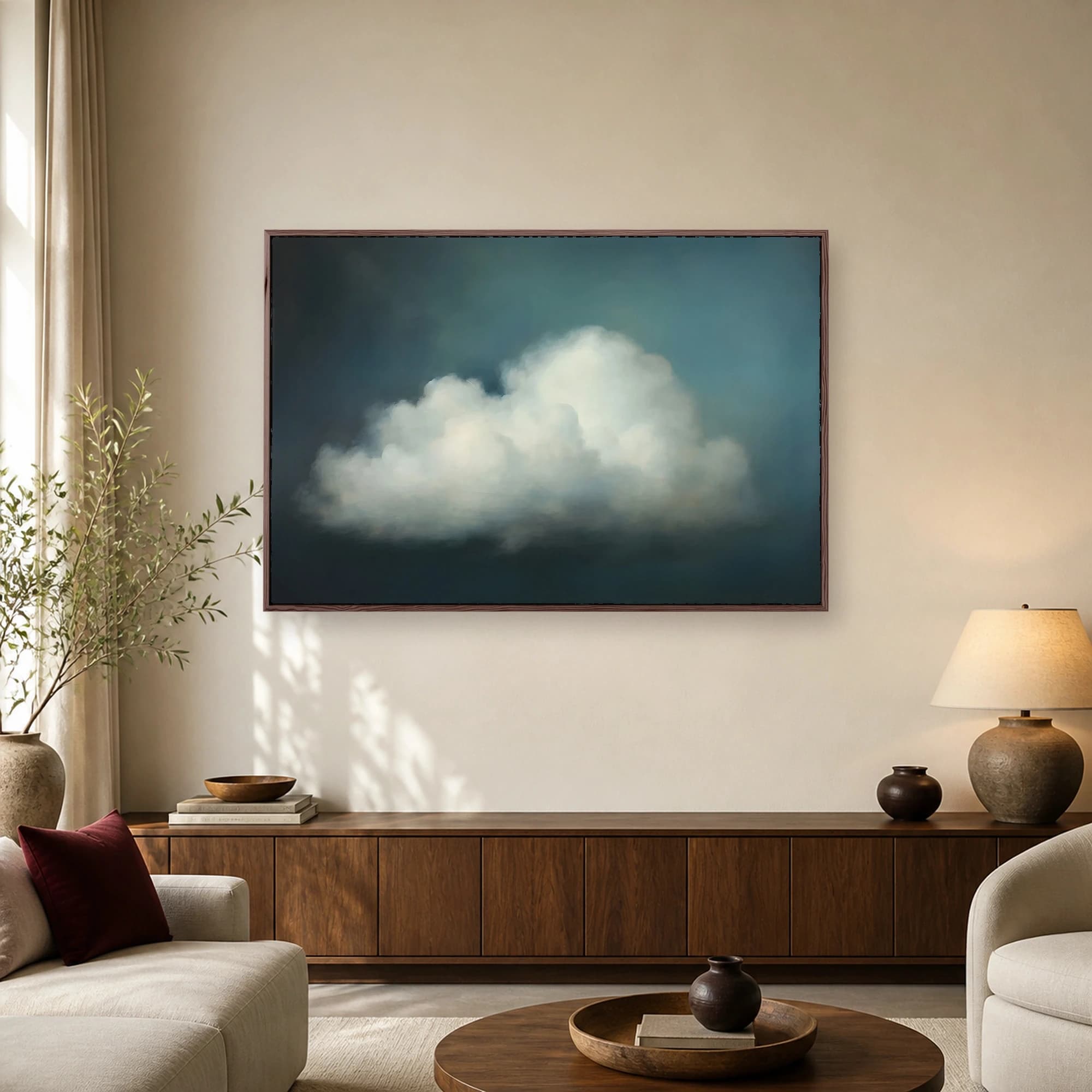 A fine art print of a single fluffy white cumulus cloud against a dark moody teal and blue sky background.