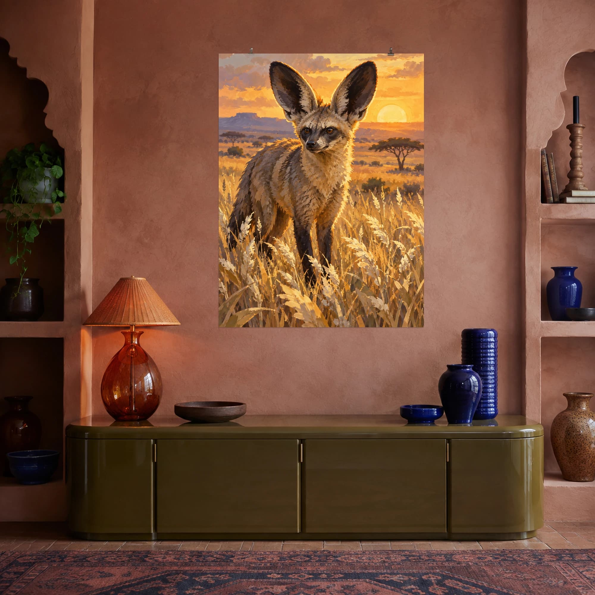 This gouache-style composition features a bat-eared fox standing among silver-gold grass heads in an open savanna, oversized dark ears and warm amber backlight. Expressive brushwork and a balanced palette bring warmth and character to your space.