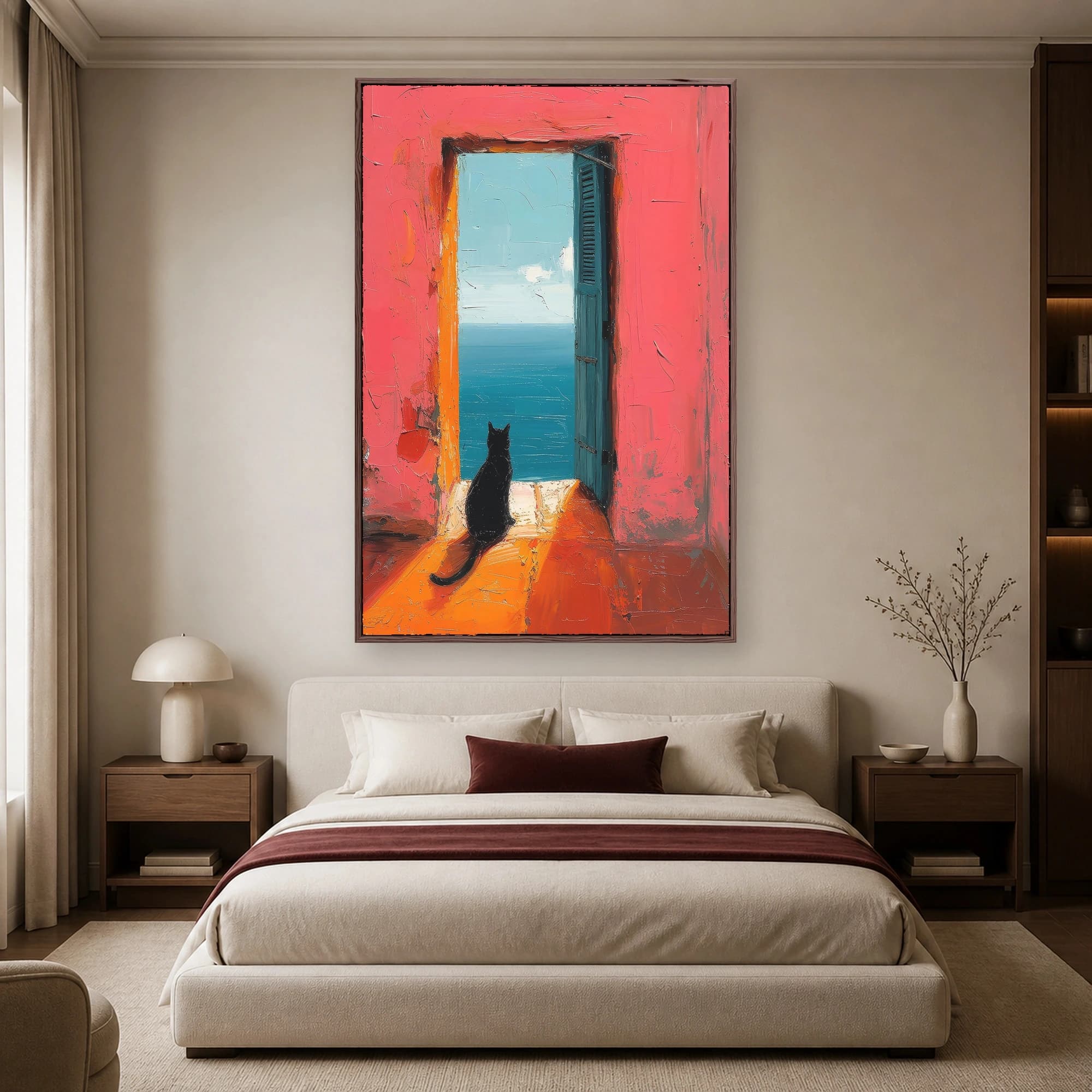 Black Cat Looking Out Ocean Door Canvas Print, view 4