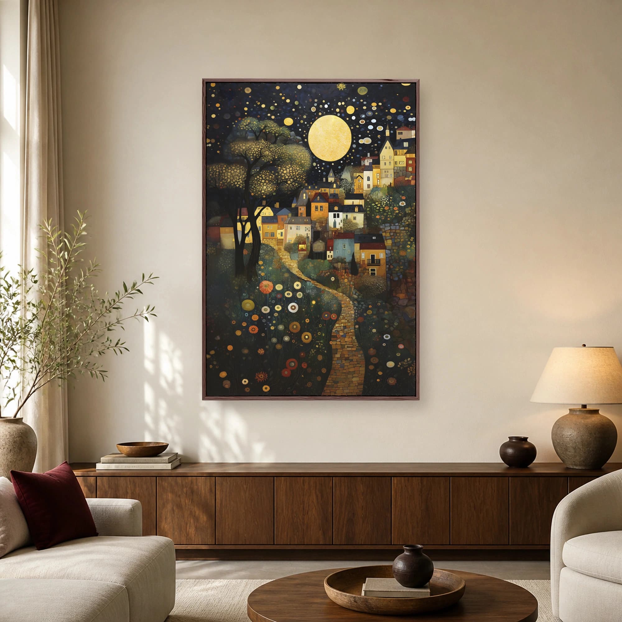 Whimsical folk art painting of a hillside village at night with a large golden moon, winding path, and glowing windows.