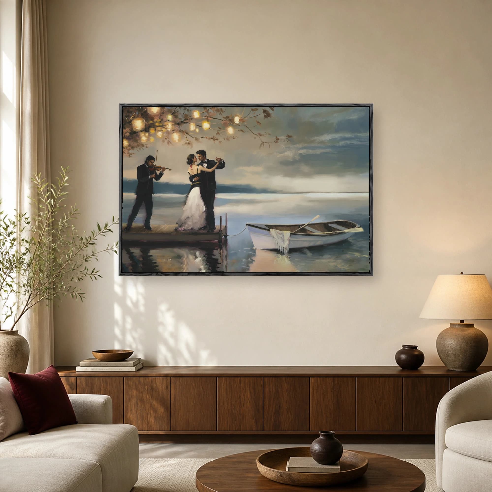 Romantic fine art painting of a couple dancing on a pier by a lake with a violinist and glowing lanterns.