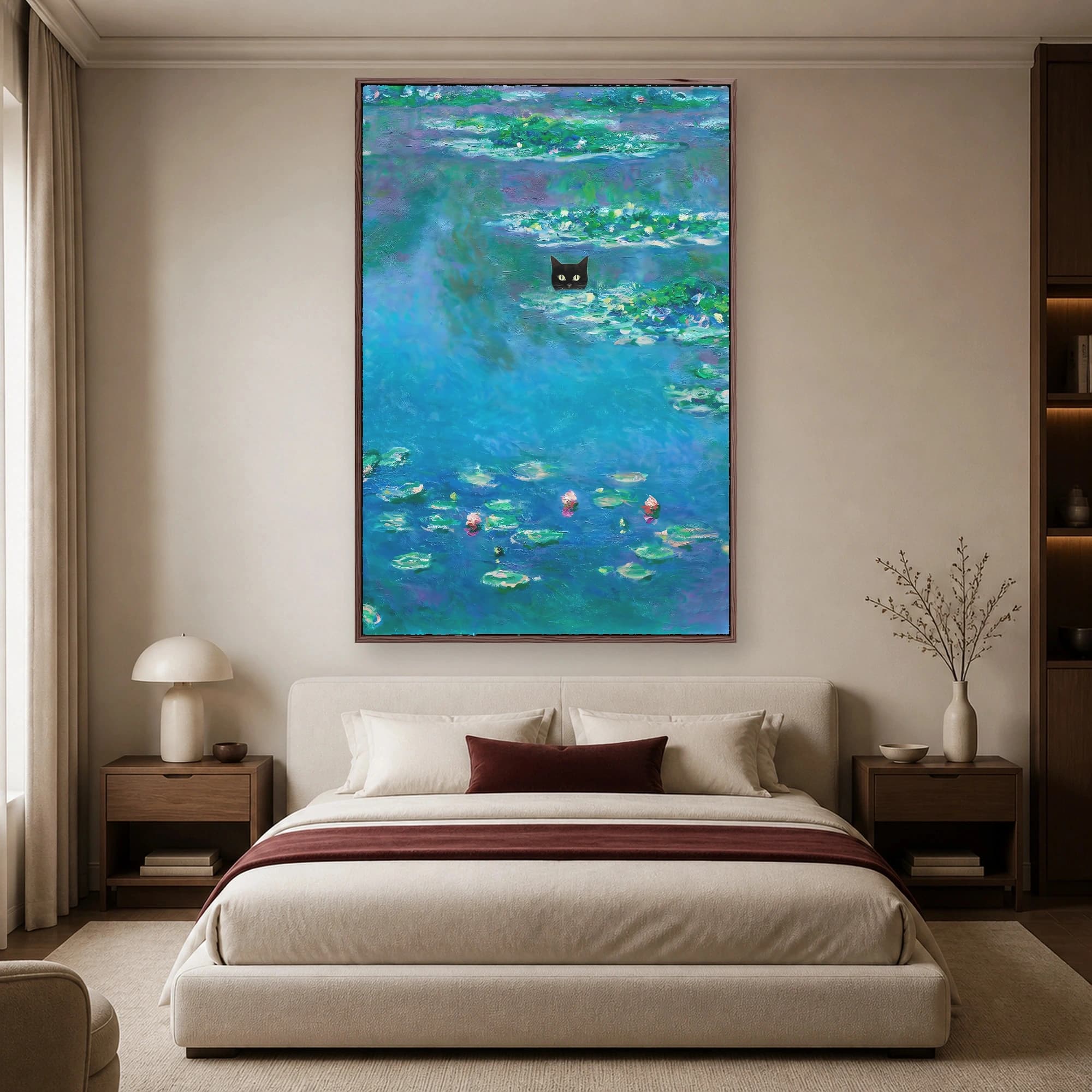 Black Cat Water Lilies Impressionist Canvas Print, view 4
