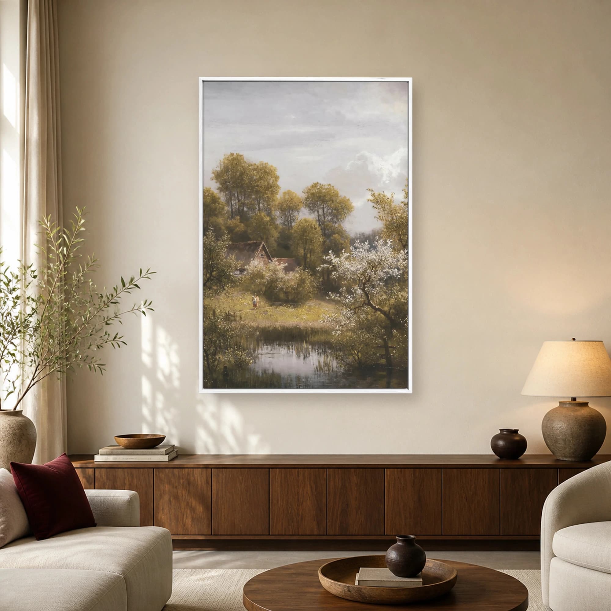 Spring Landscape with Cottage and Pond Canvas Print, view 2