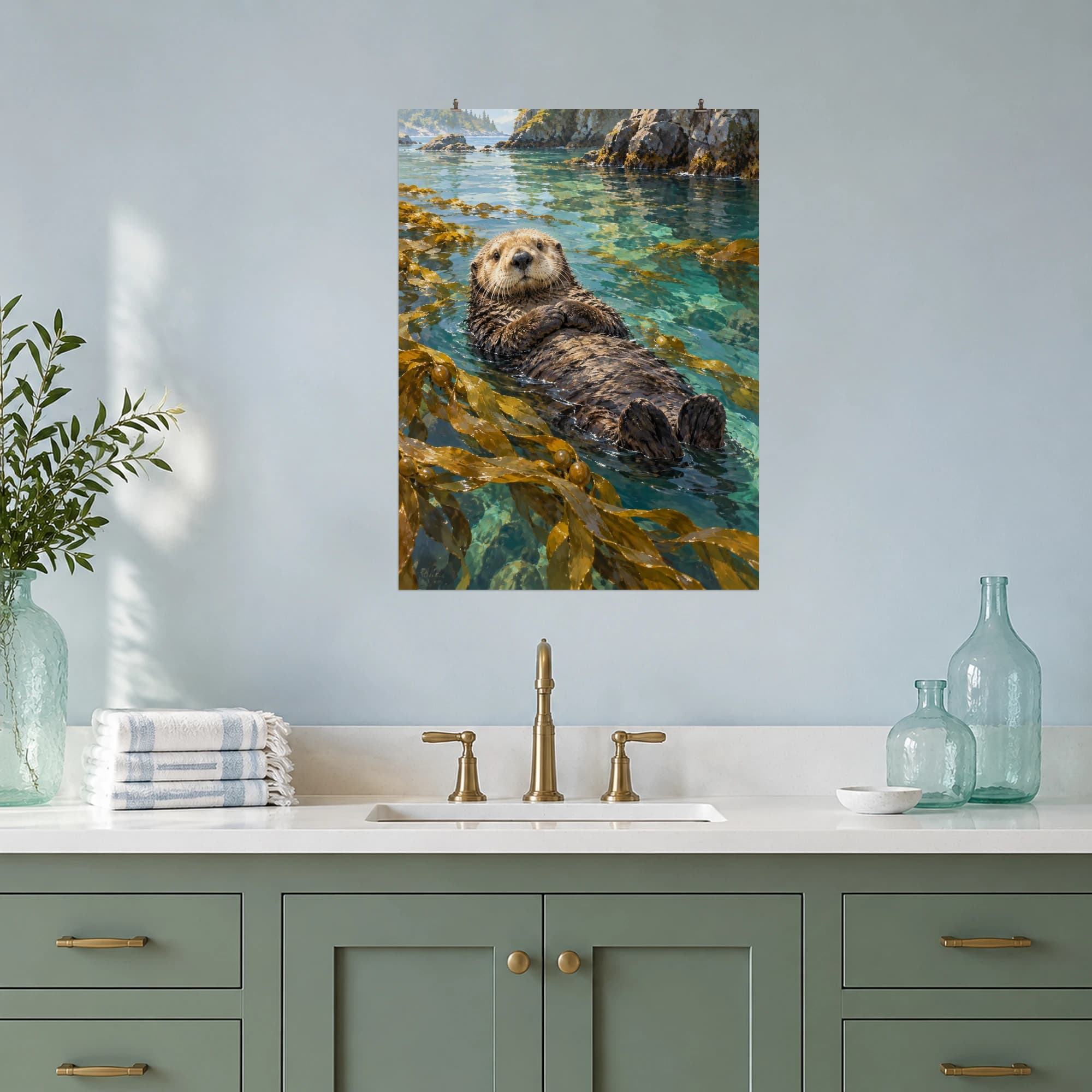 A sea otter floats peacefully among amber kelp in a sheltered turquoise cove.