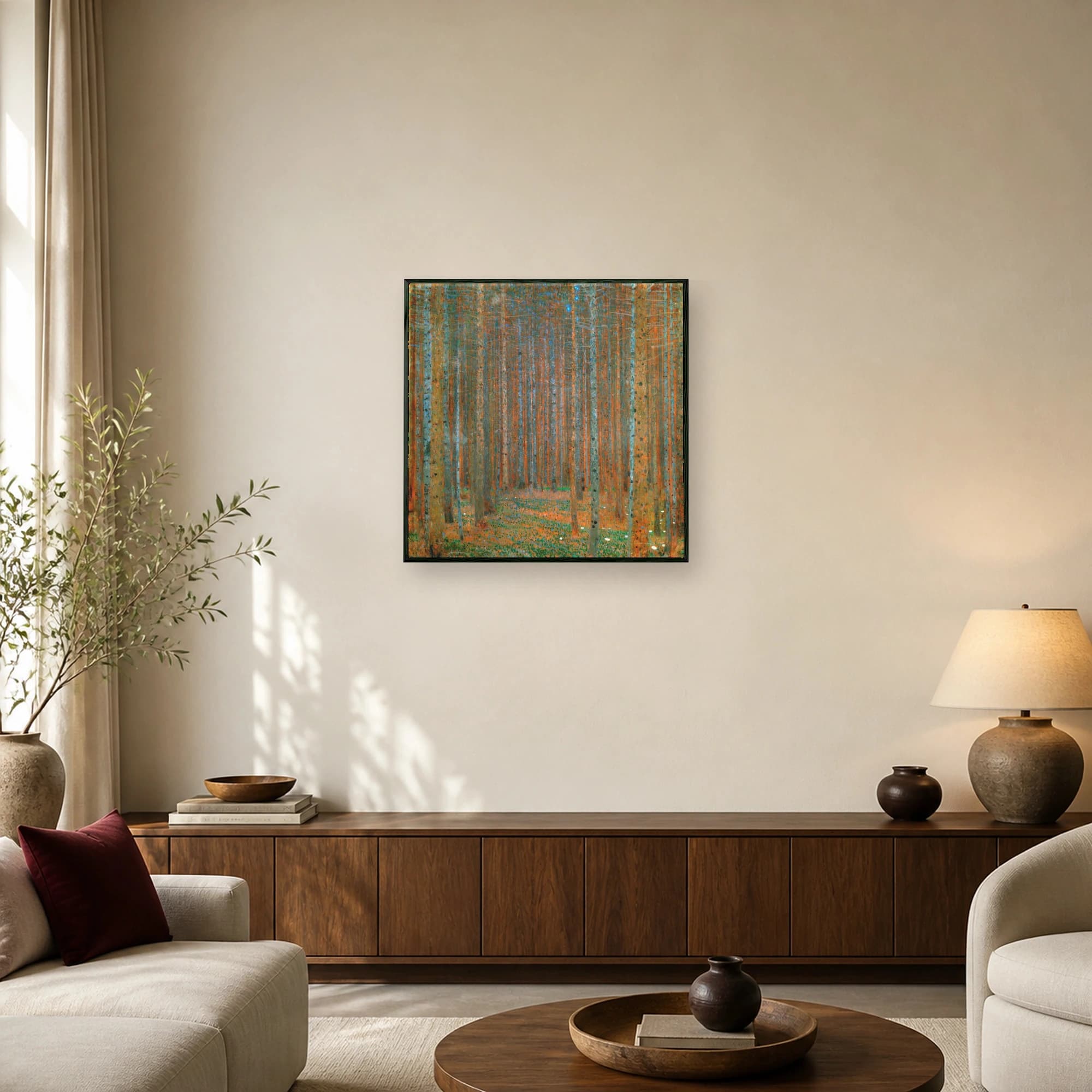 Fine art print of a dense forest with tall vertical pine trunks in rust and grey tones, with dapples of teal and green light on the forest floor.