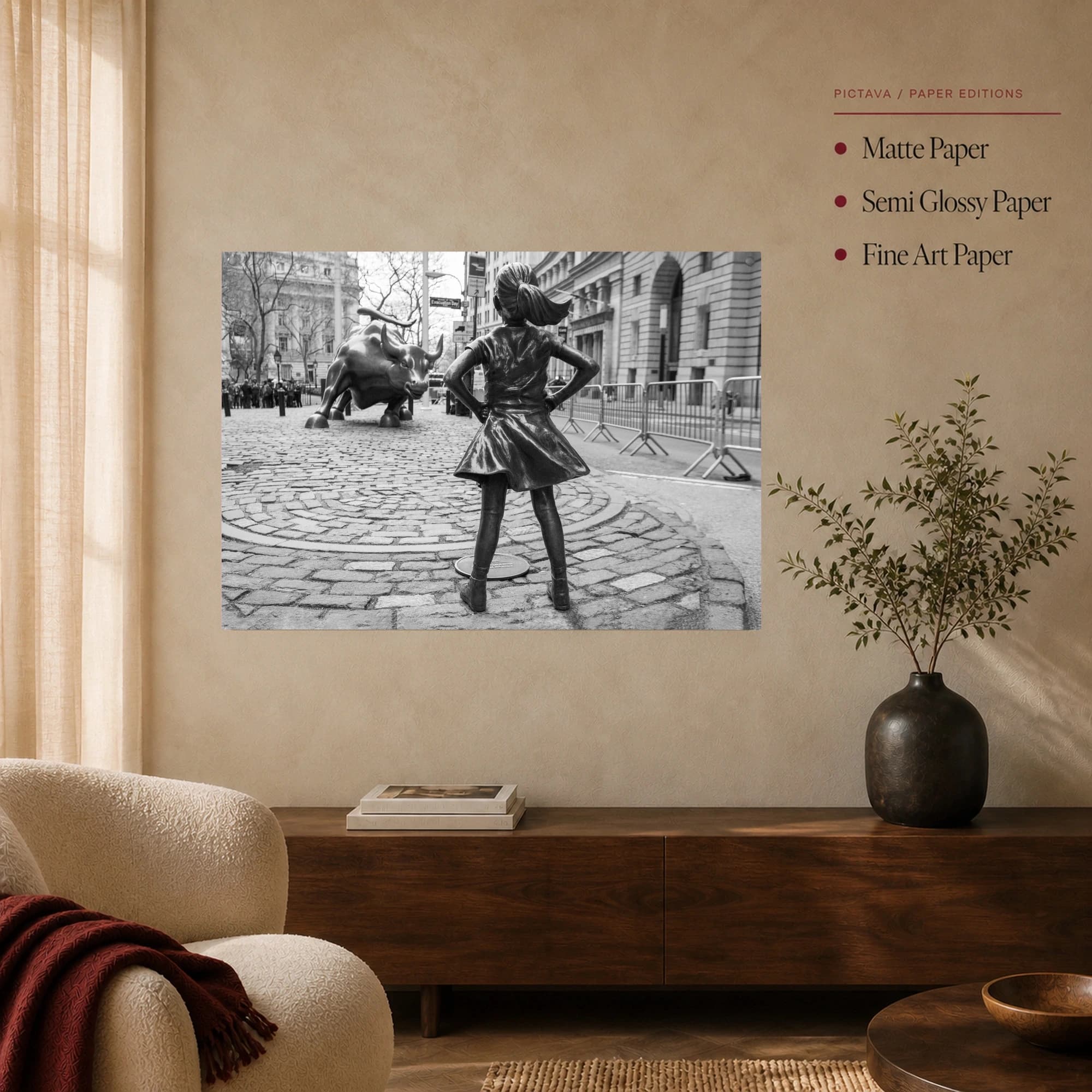 Fearless Girl and Charging Bull Black and White Wall Art Print, view 4