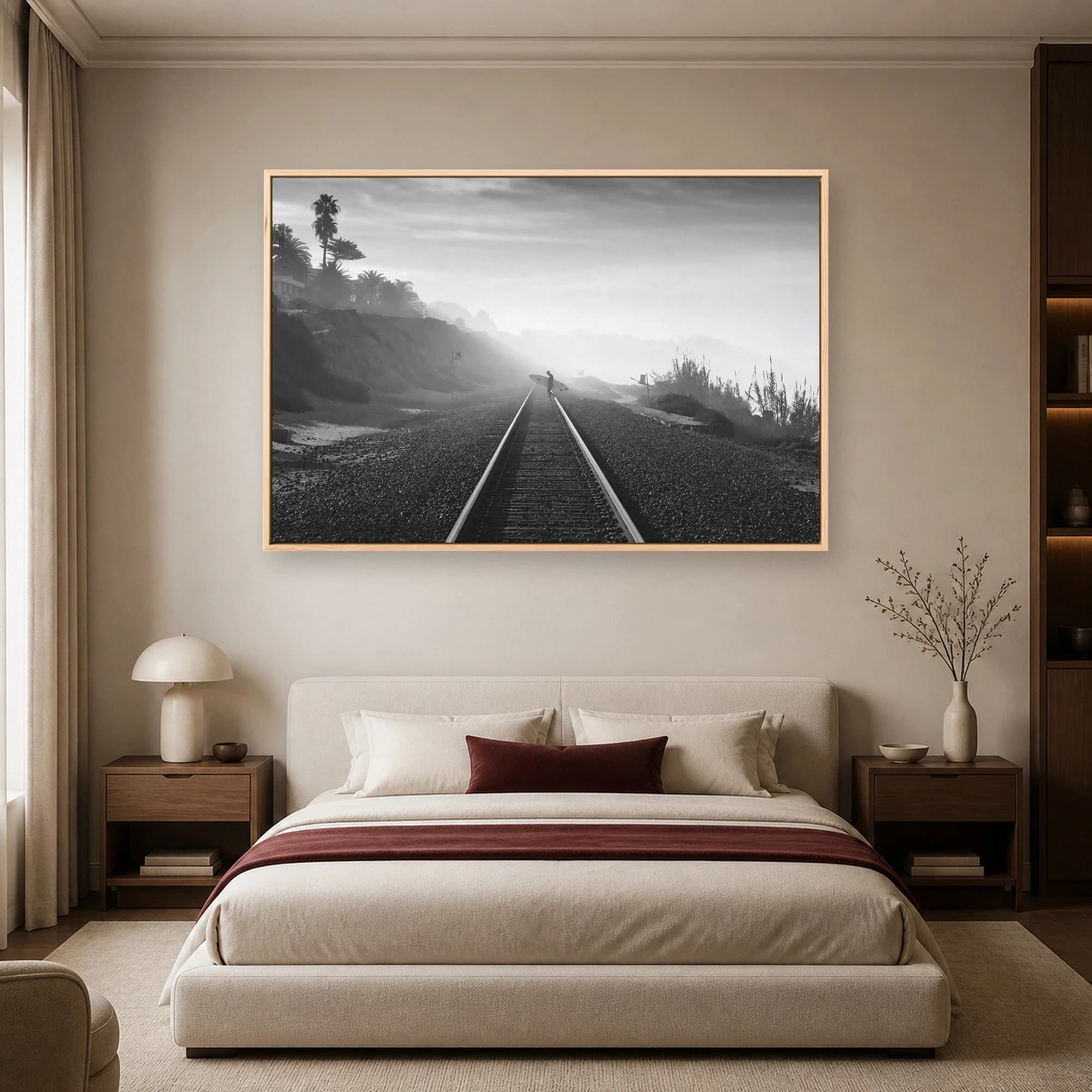 Surfer on Coastal Railway Tracks Black and White Photography, view 5