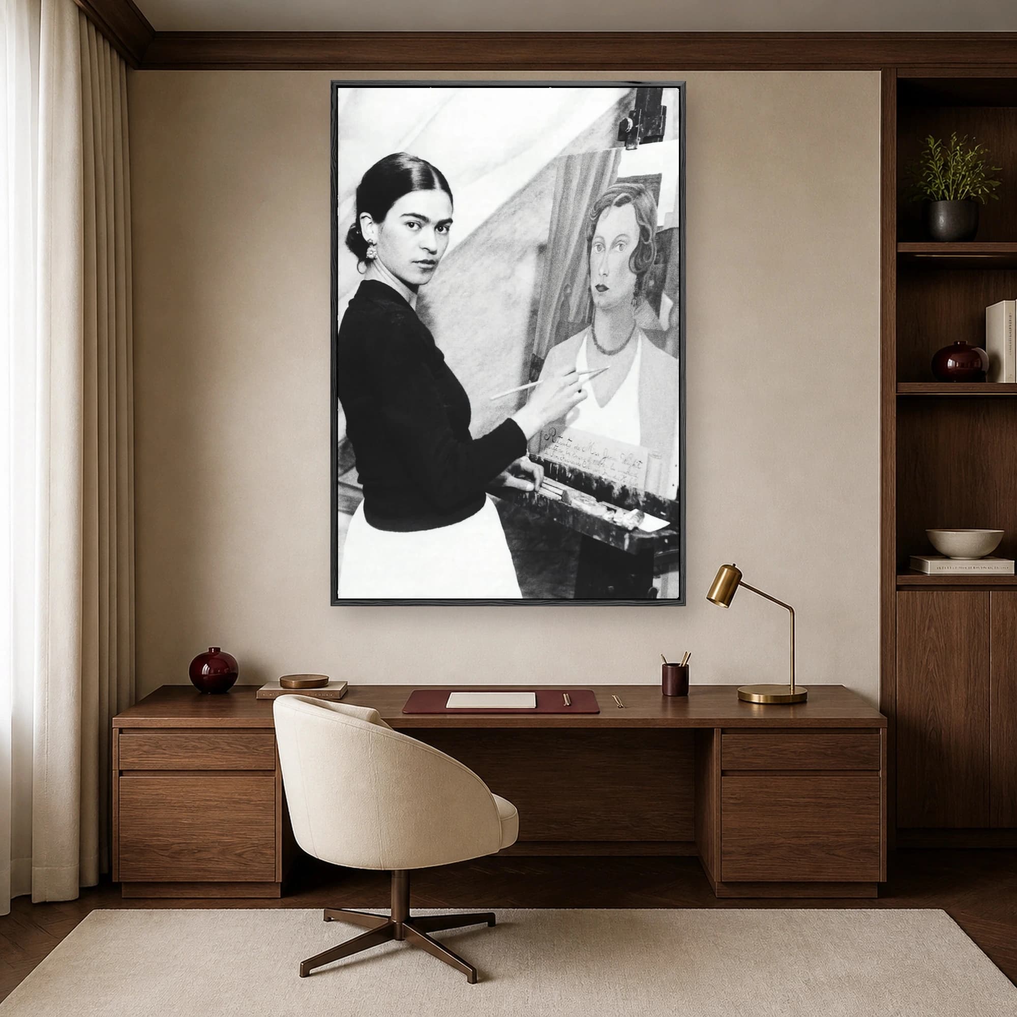 Frida Kahlo Painting in Studio Black and White Canvas Print, view 2