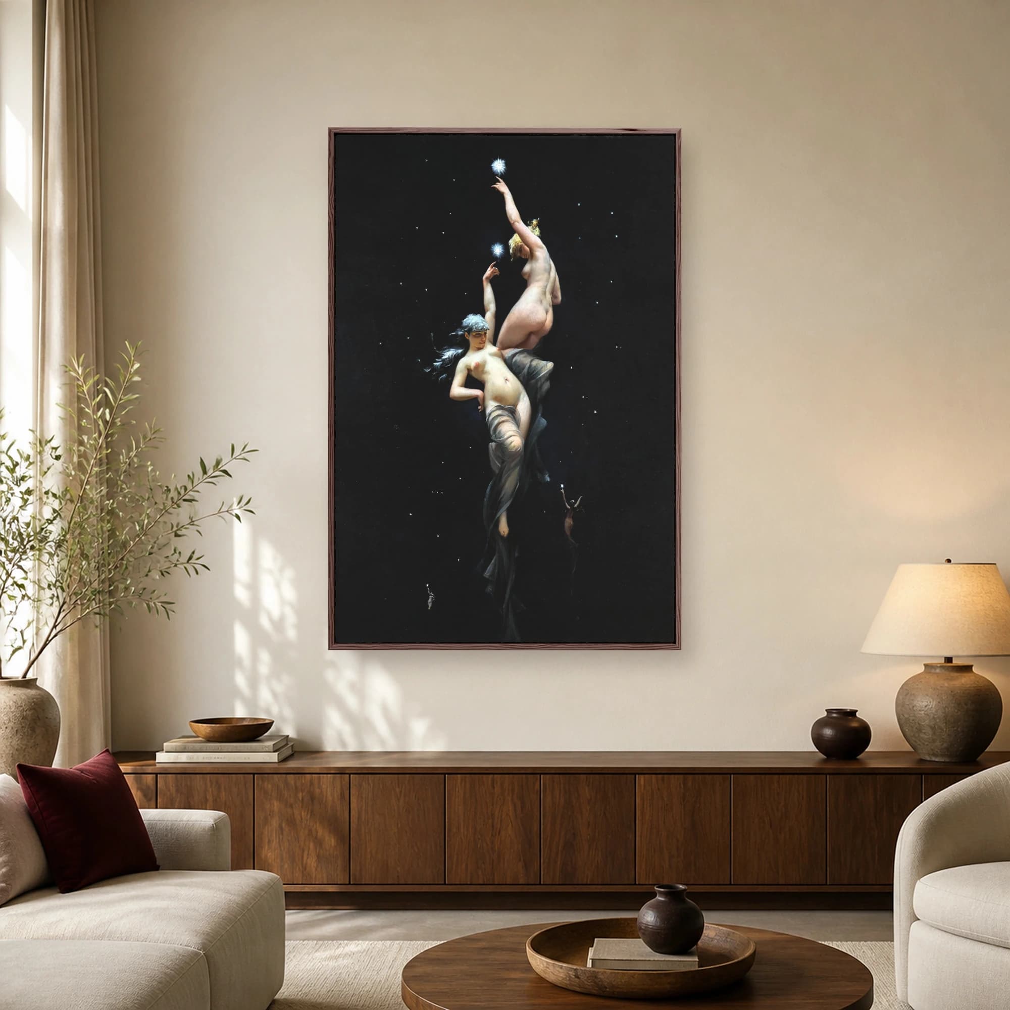 Academic painting of two nude female figures floating vertically in a dark starry night sky touching glowing stars
