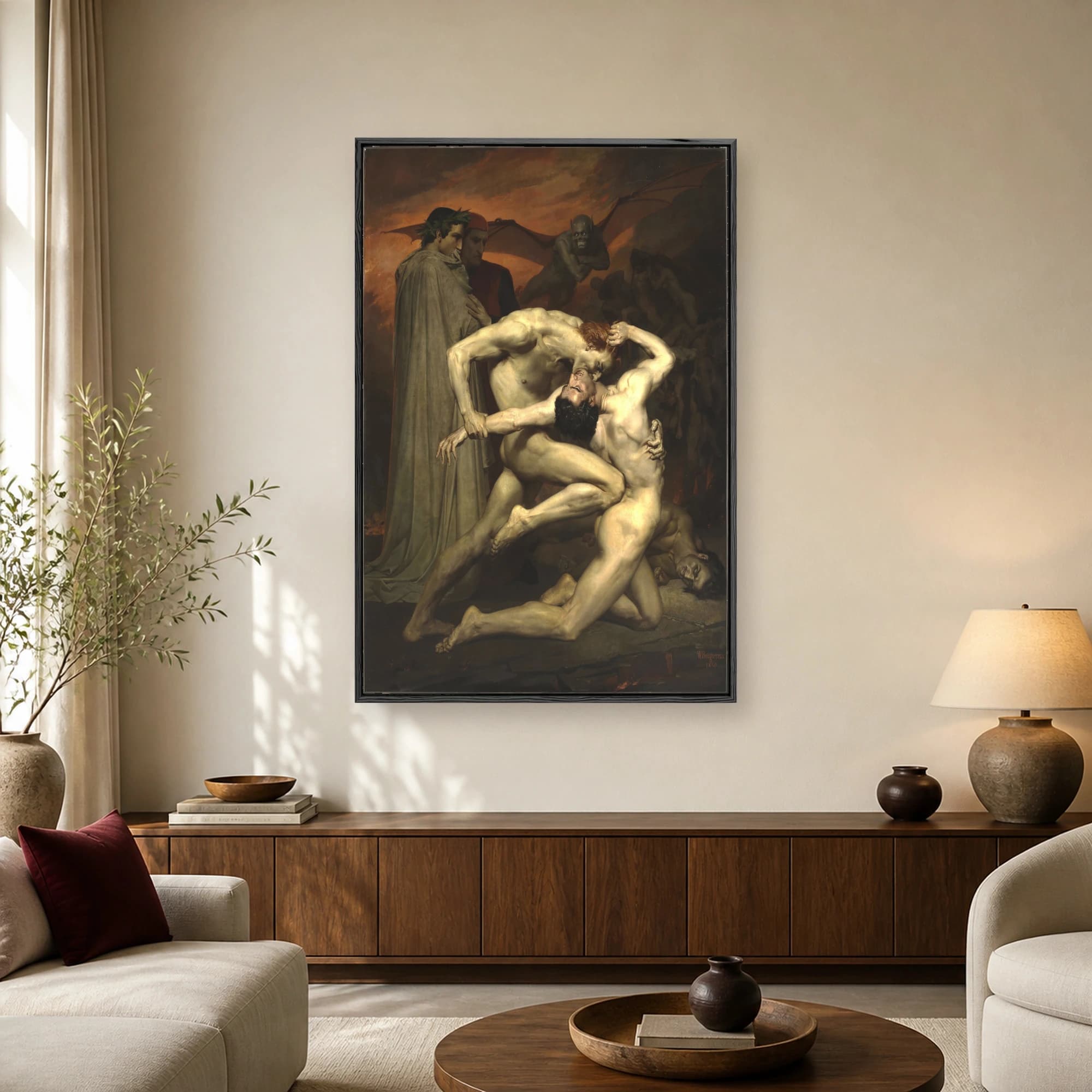 Fine art print of William-Adolphe Bouguereau's Dante and Virgil in Hell showing two muscular figures fighting in front of Dante and Virgil