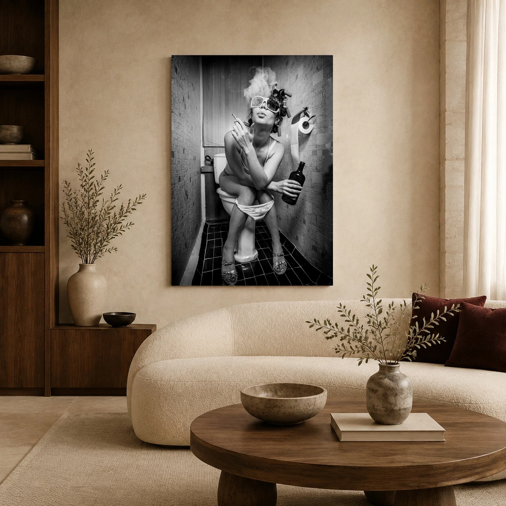 Funny Bathroom Wall Art - Smoking Woman with Hair Rollers, view 6