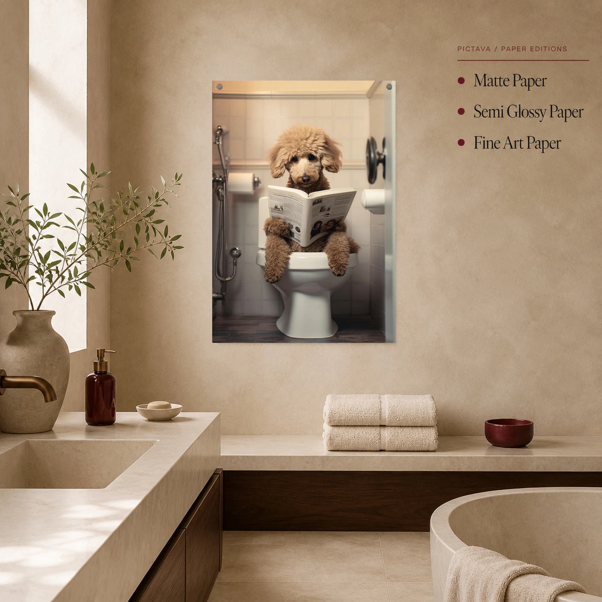 Poodle Reading Newspaper on Toilet Funny Bathroom Wall Art, view 3