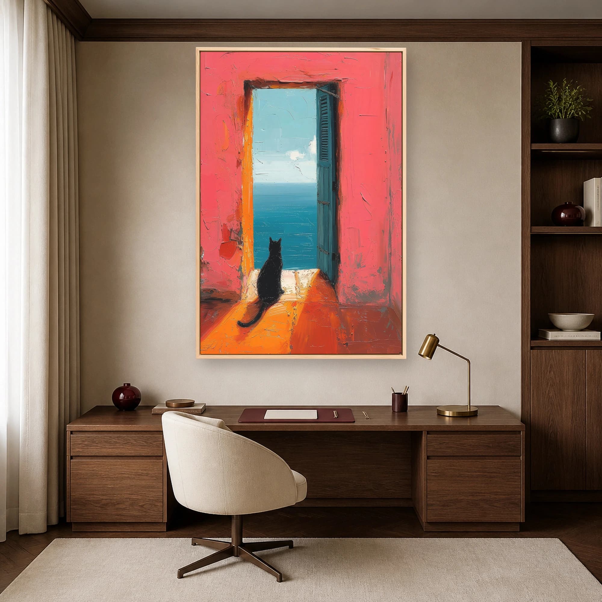 Black Cat Looking Out Ocean Door Canvas Print, view 5