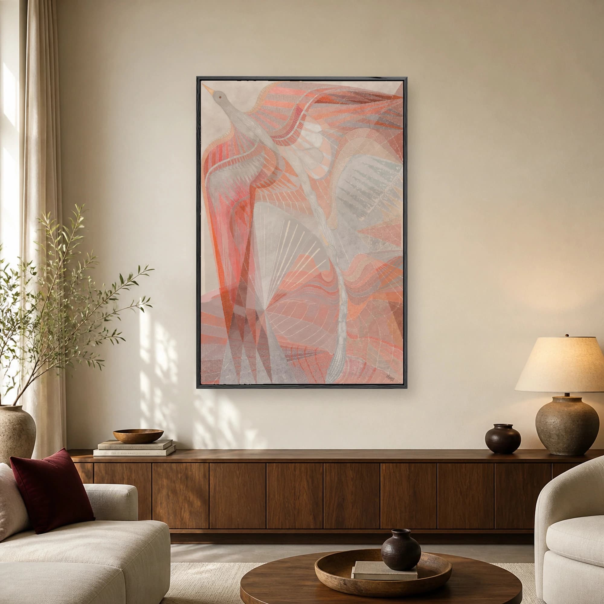 Abstract art print featuring a stylized swan with geometric wings in terracotta, gray, and cream tones.