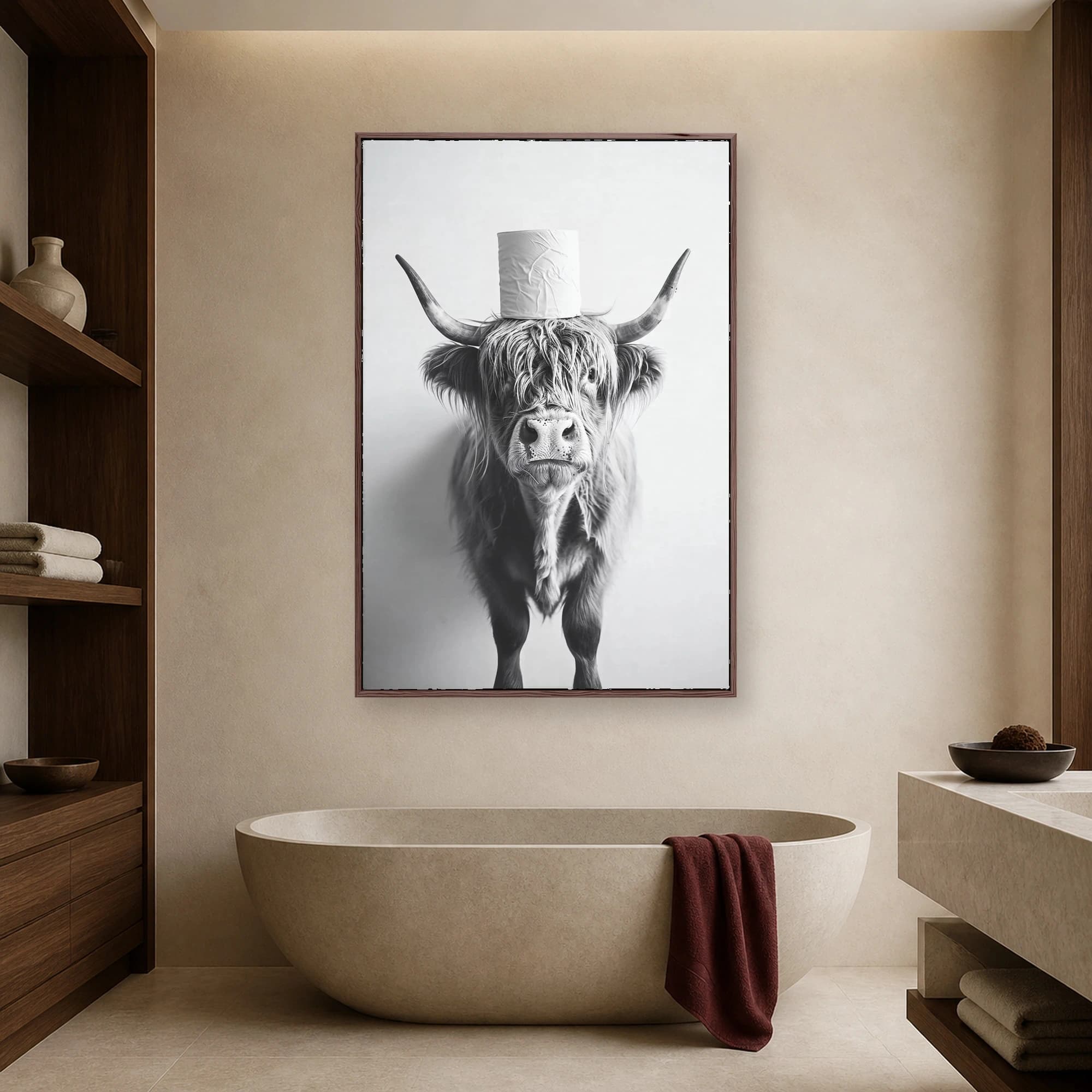 Highland Cow with Toilet Paper Roll Monochrome Wall Art, view 3