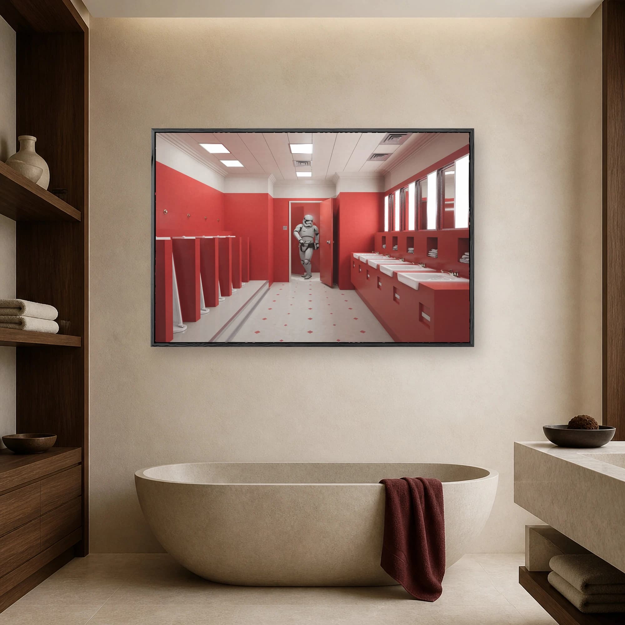 A stormtrooper in full white armor walks out of an open red door inside a brightly lit retro restroom with red walls and white sinks.