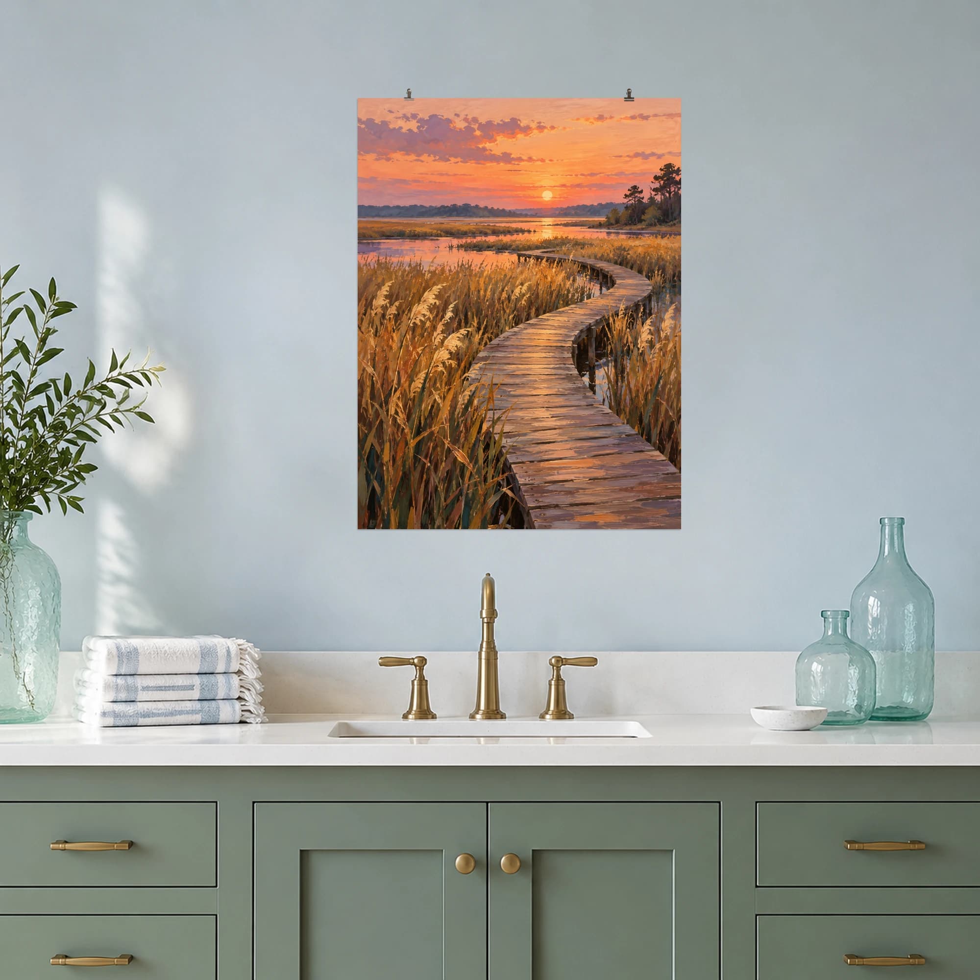 This gouache-style composition features a winding wooden boardwalk through golden marsh reeds beneath a peach sunset. Expressive brushwork and carefully balanced color bring a distinctive focal point to your wall.