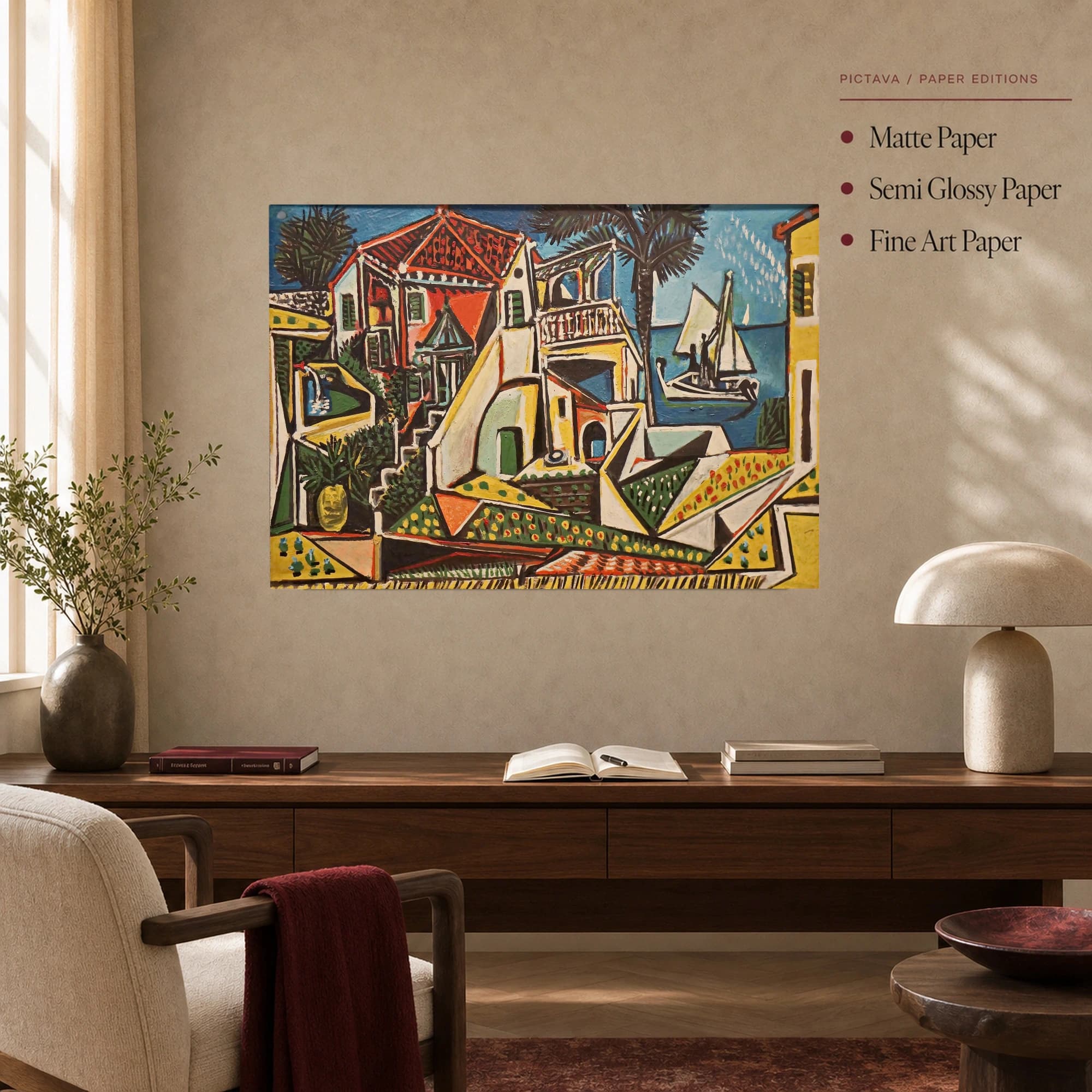 Mediterranean Coastal Villa and Sailboat Cubist Art Print, view 6