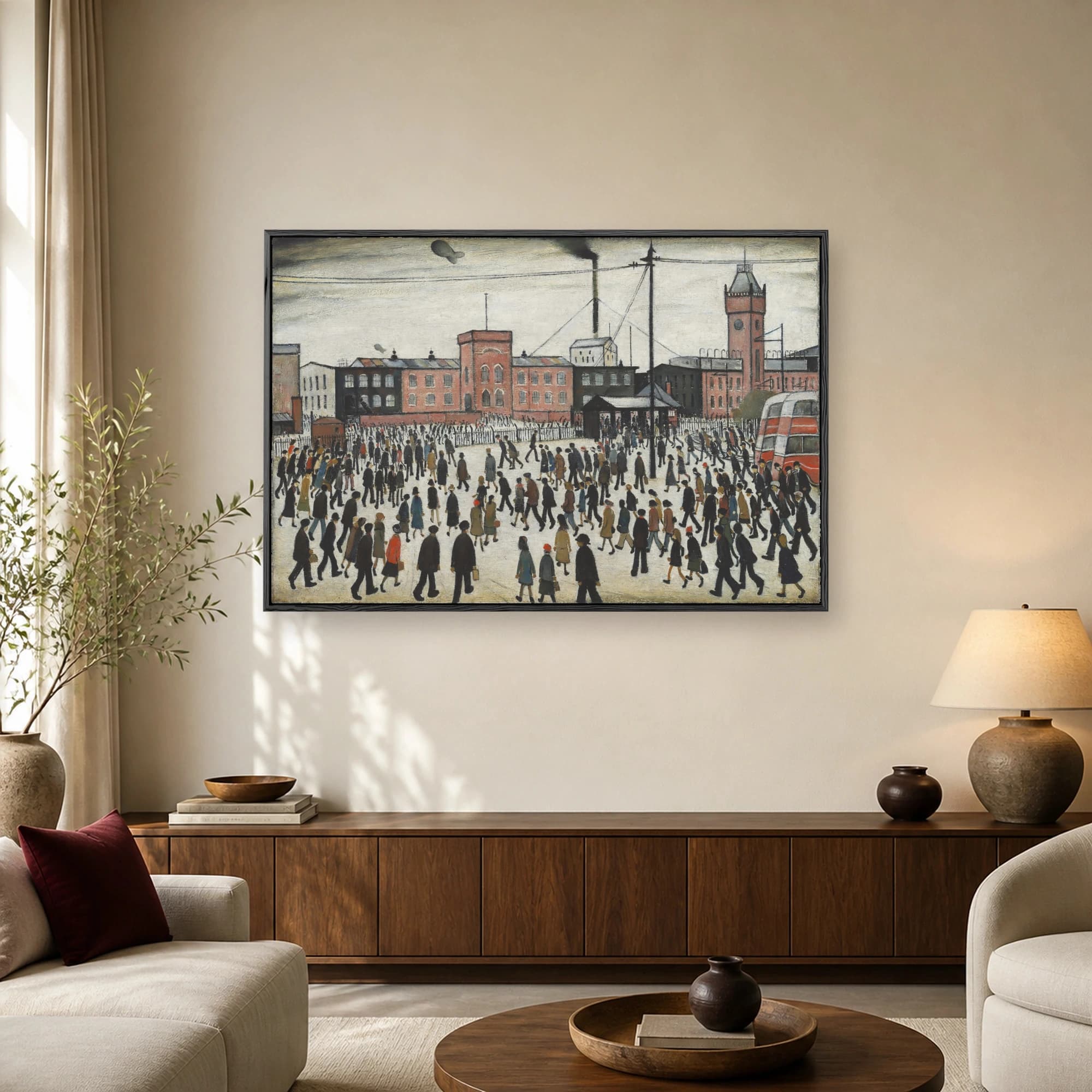 A folk art painting of a crowded industrial town square with red brick factories, a clock tower, a red bus, and numerous pedestrians under a smoky gray sky.