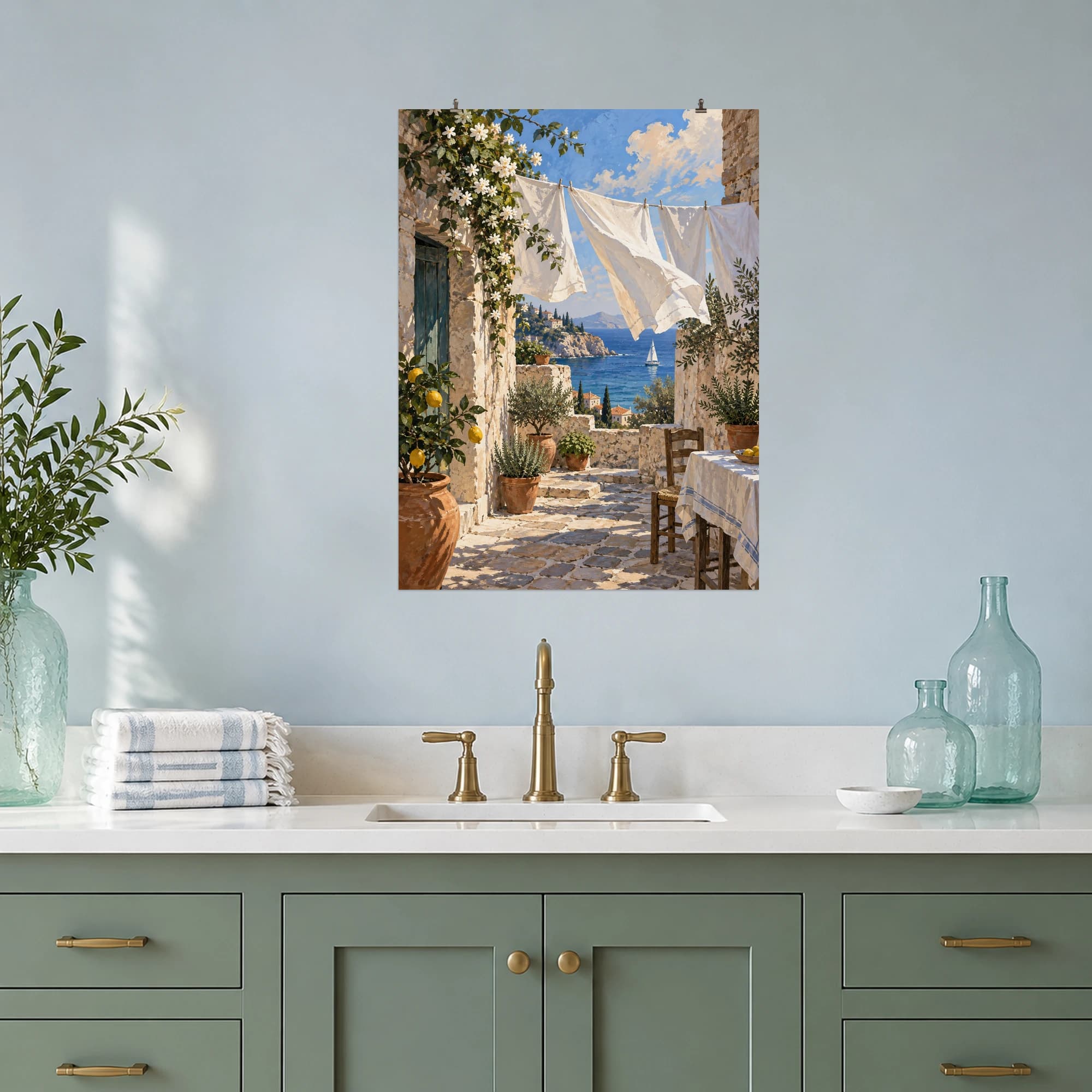 This gouache-style composition features a sheltered seaside courtyard with white cotton linens drying between weathered stone walls, terracotta herbs, distant blue sea and gentle wind. Expressive brushwork and a balanced palette bring warmth and character to your space.