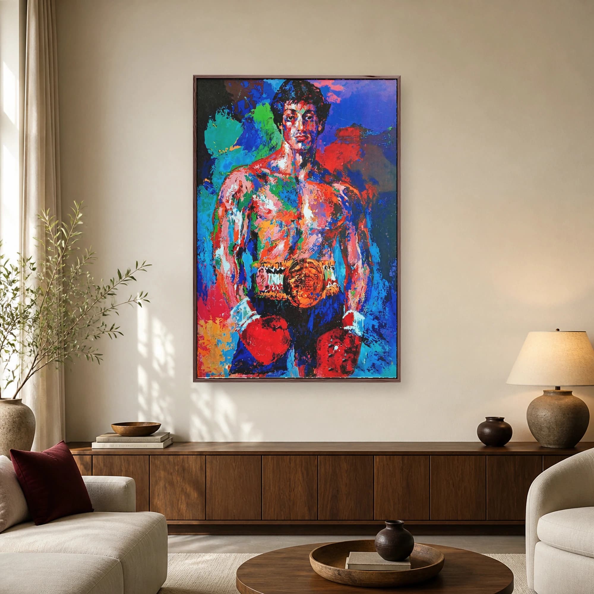Vibrant impasto painting of a champion boxer wearing red gloves and a championship belt against a colorful abstract background