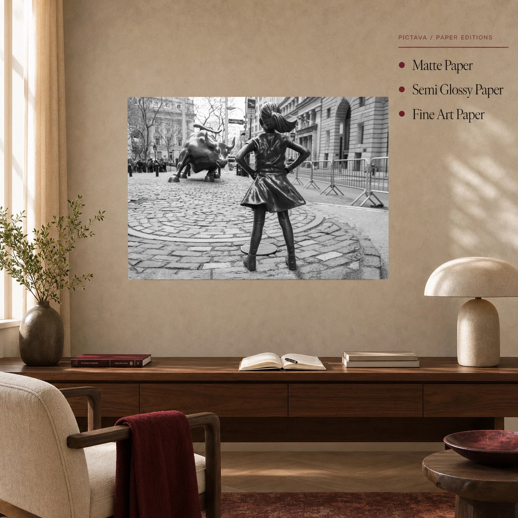 Fearless Girl and Charging Bull Black and White Wall Art Print, view 5