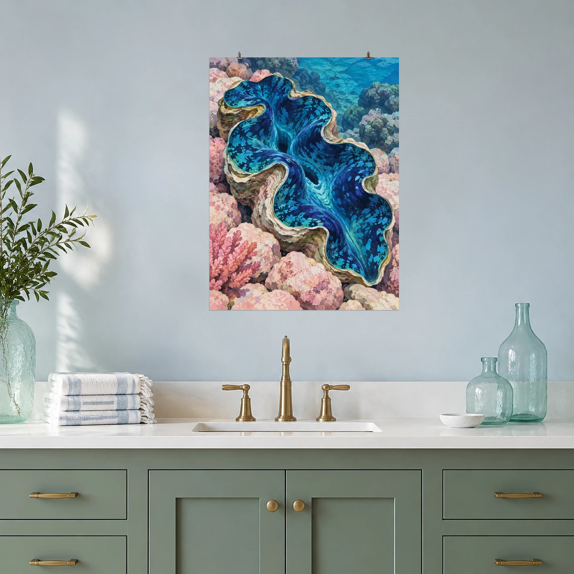 This gouache-style composition features an open giant clam with a deep indigo and turquoise mantle resting among pale pink reef stones. Expressive brushwork and a balanced palette bring warmth and character to your space.